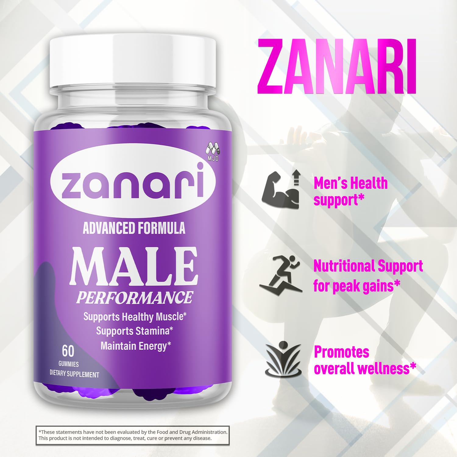 MJO Zanari Gummies packaging showing all-natural label