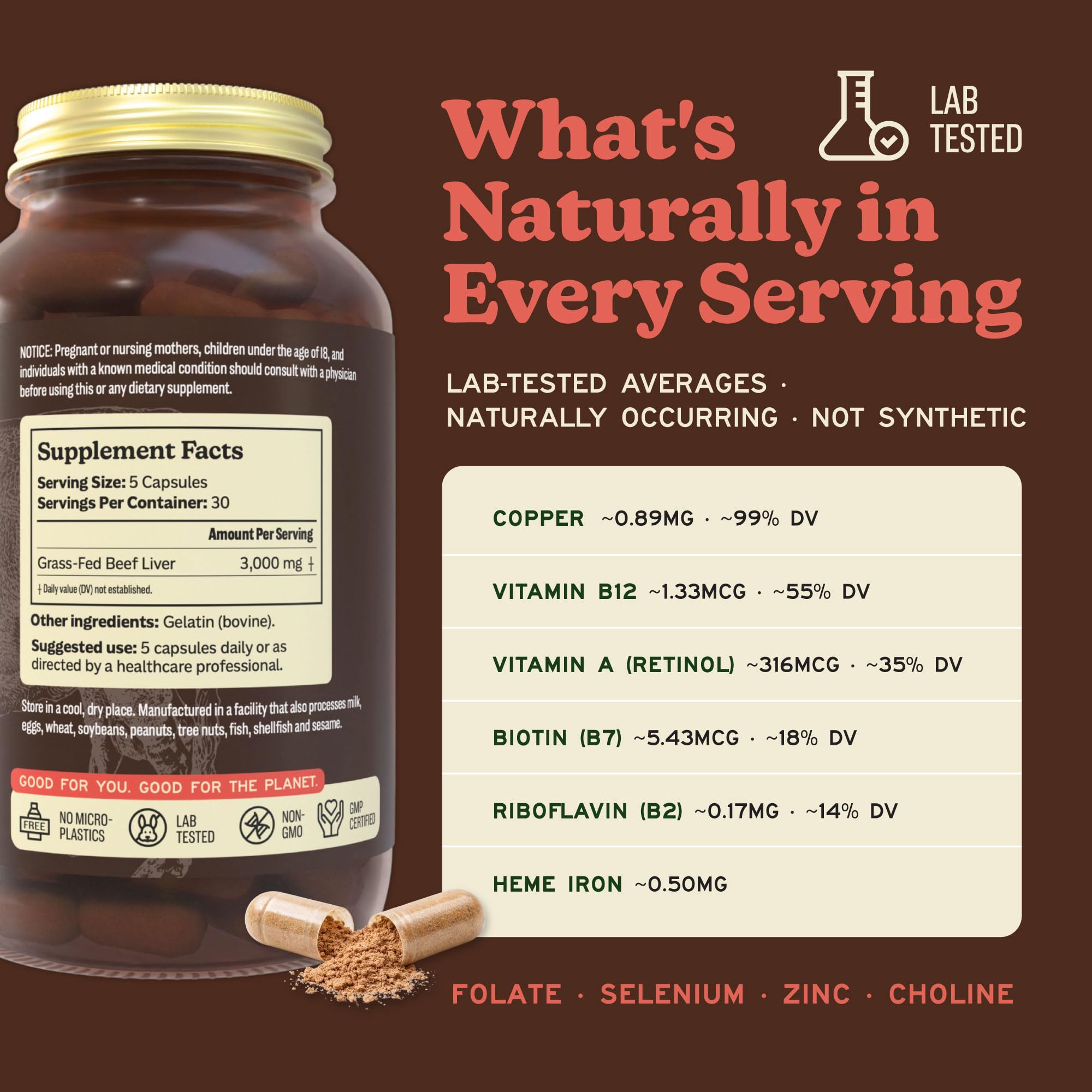 MK Supplements Beef Liver Extract 3000mg capsules with nutritional information