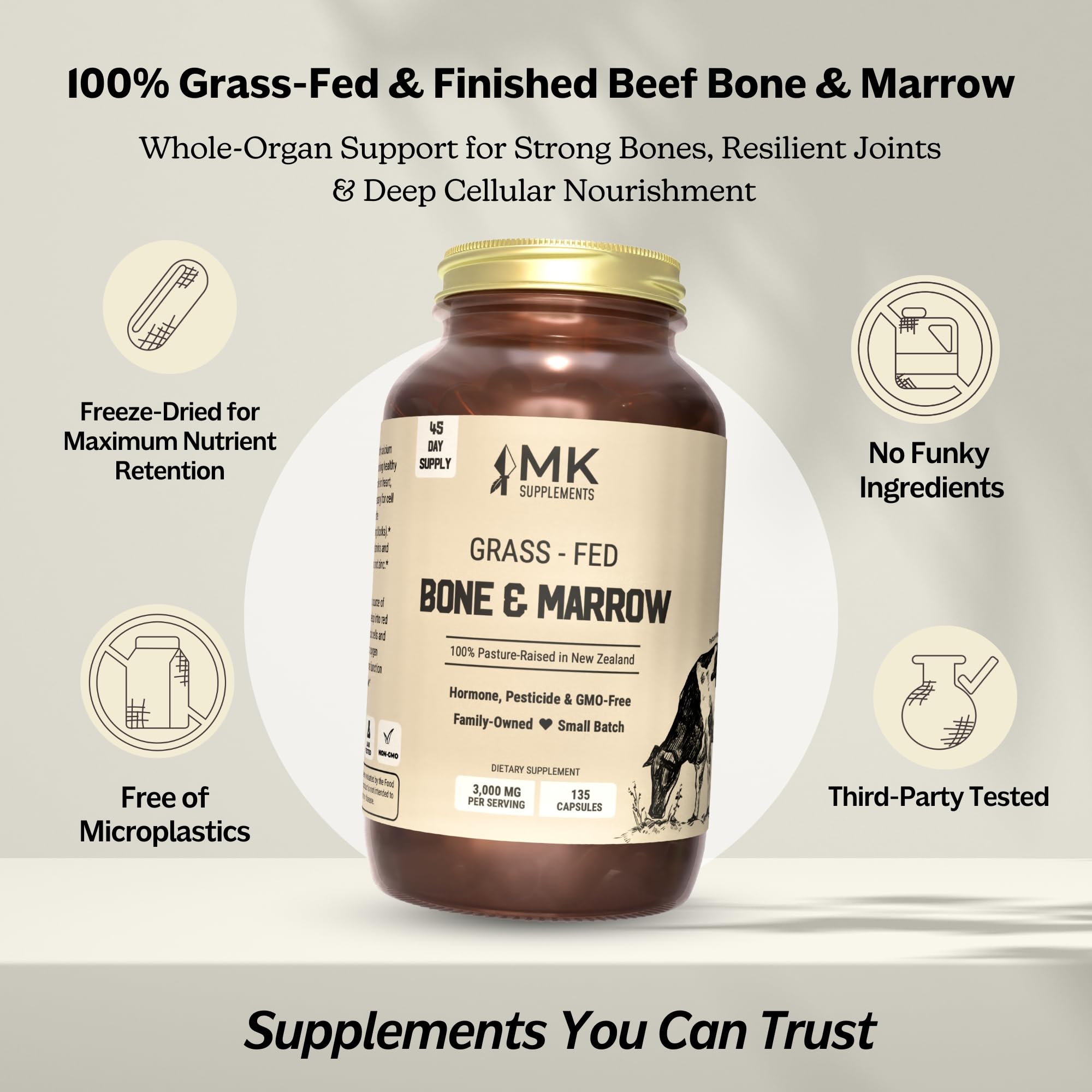 MK Supplements Bone & Marrow Capsules open bottle with capsules displayed