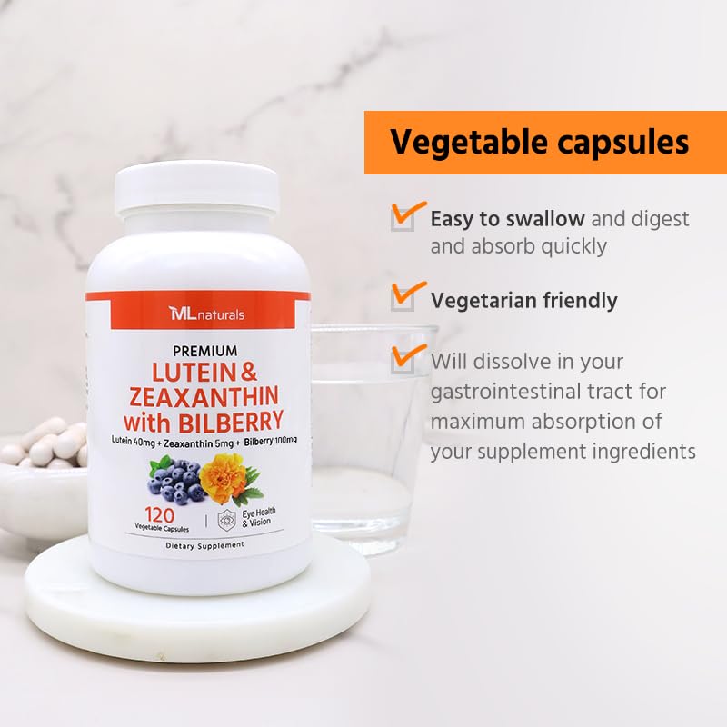 ML Naturals Lutein & Zeaxanthin with Bilberry 40mg capsules on a wooden table