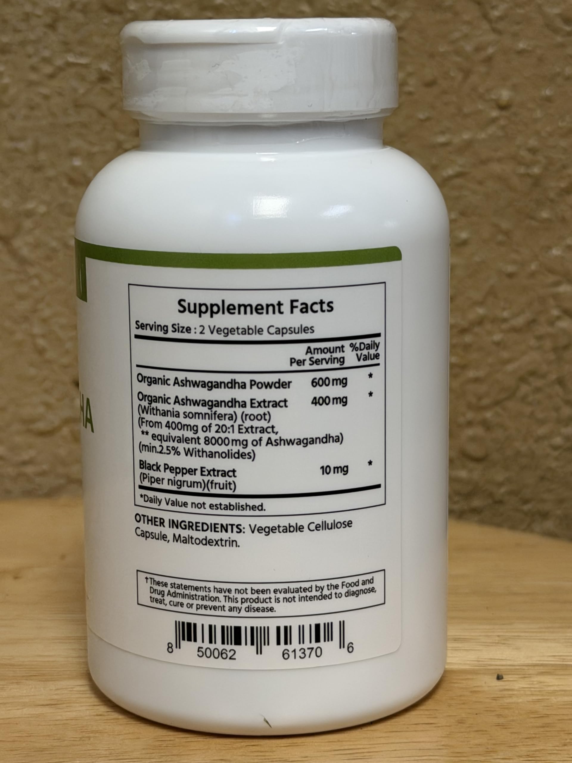 ML Naturals Organic Ashwagandha Supplement displayed on a wooden table