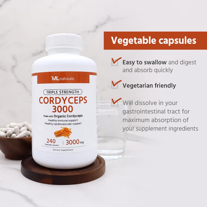 ML Naturals Organic Cordyceps Supplement capsules in a hand
