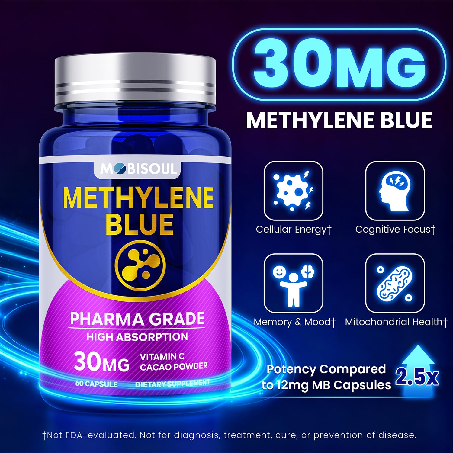 MOBISOUL Methylene Blue Capsules 30mg bottle side view