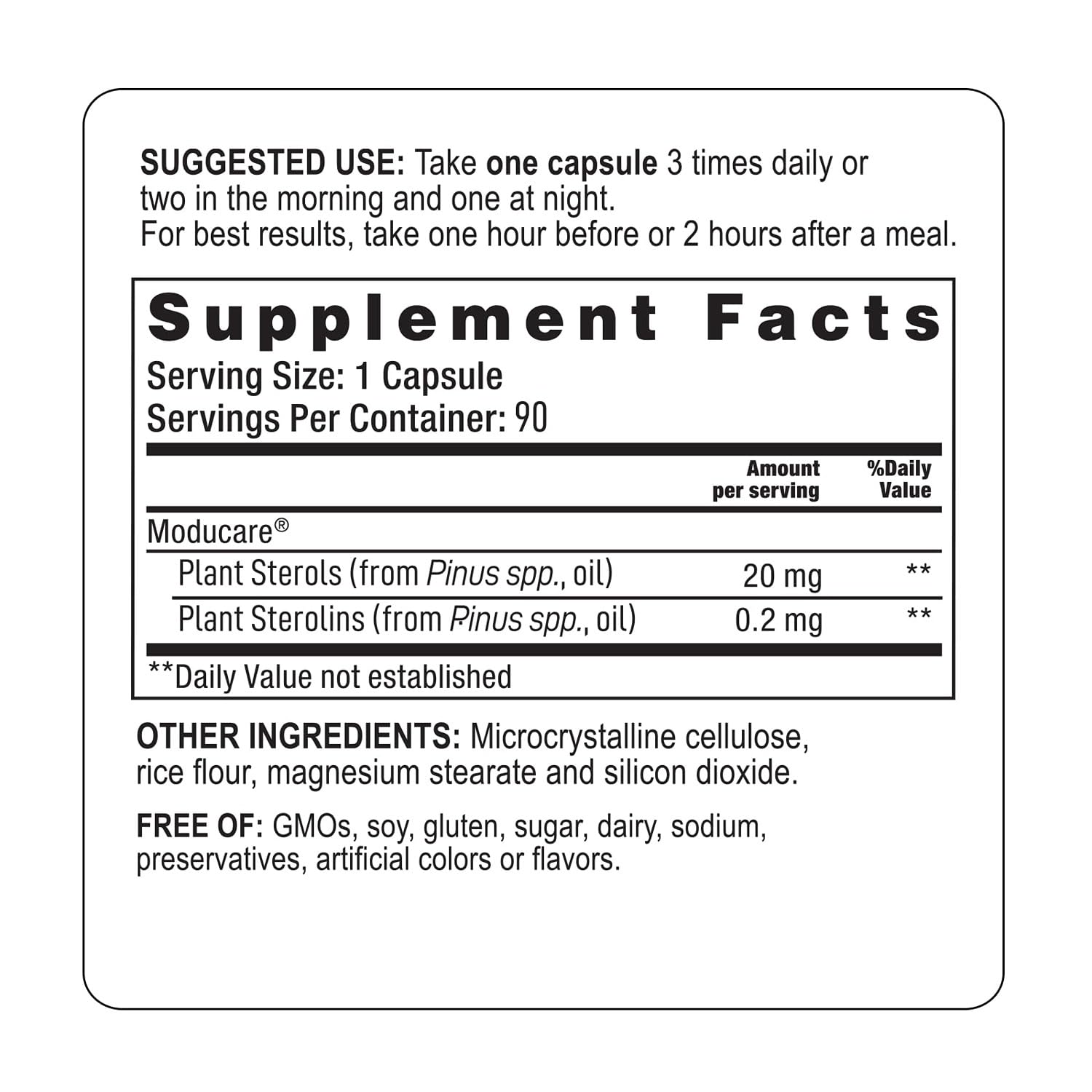 Moducare Plant Sterols Chewable Tablets side view with dosage information