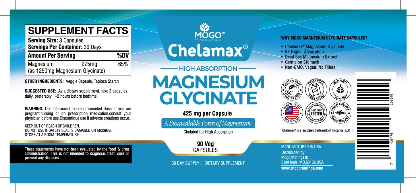 MOGO Magnesium Glycinate 200mg capsules side view