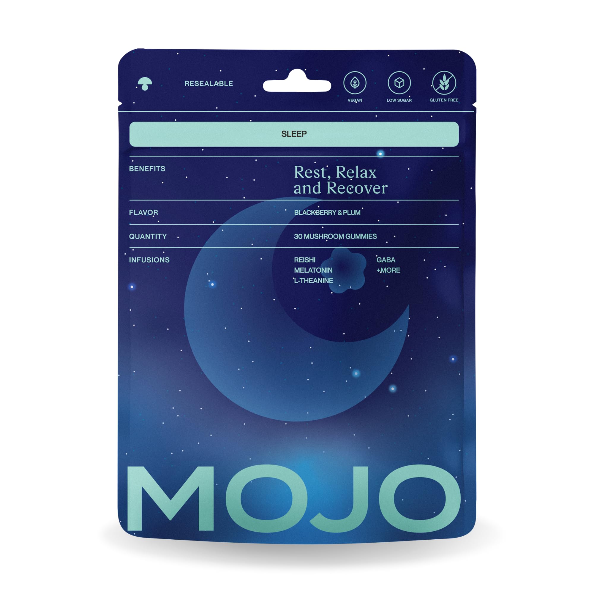 Mojo Sleep Gummies pack front view with blackberry and plum flavour