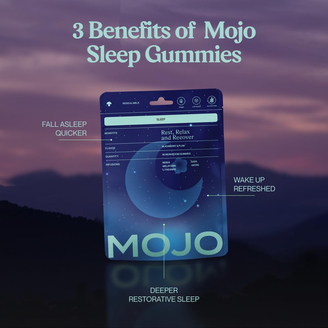 Mojo Sleep Gummies pack side view displaying ingredients