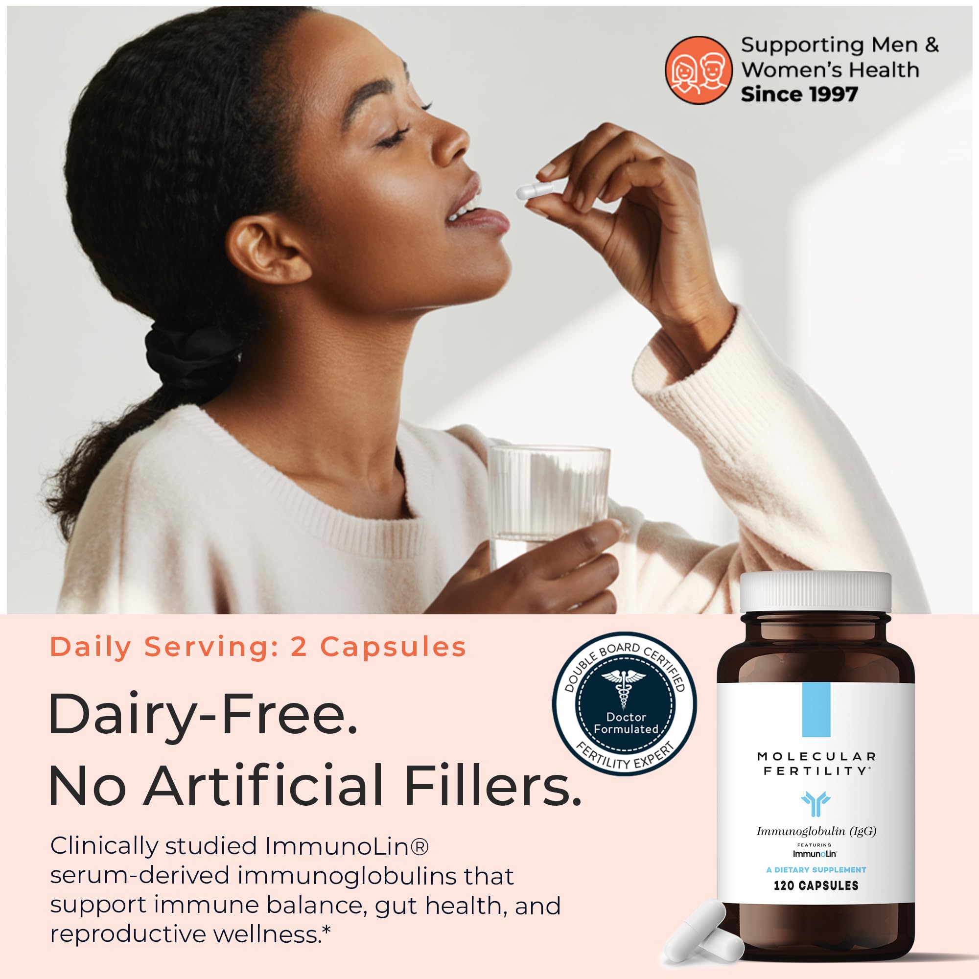 Molecular Fertility Advanced Reproductive Wellness Support 100g with a glass of water