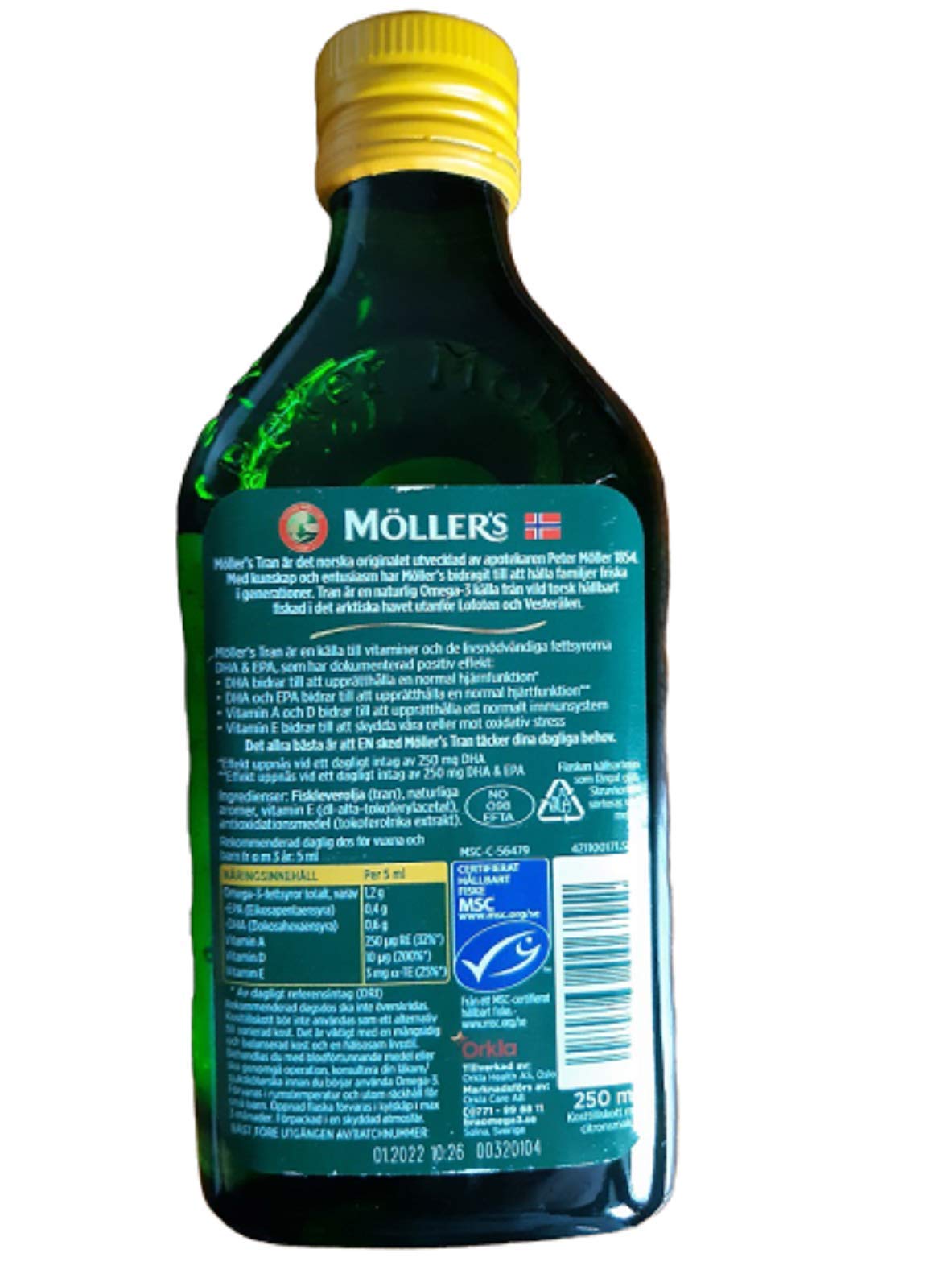 MÖLLER'S Cod Liver Oil 481g bottle in a kitchen setting
