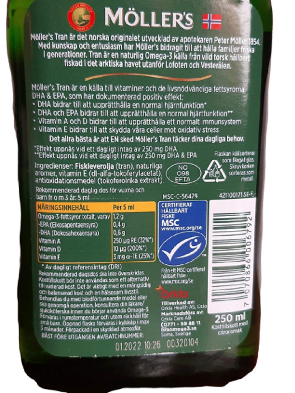 MÖLLER'S Cod Liver Oil 481g side view with dosage instructions