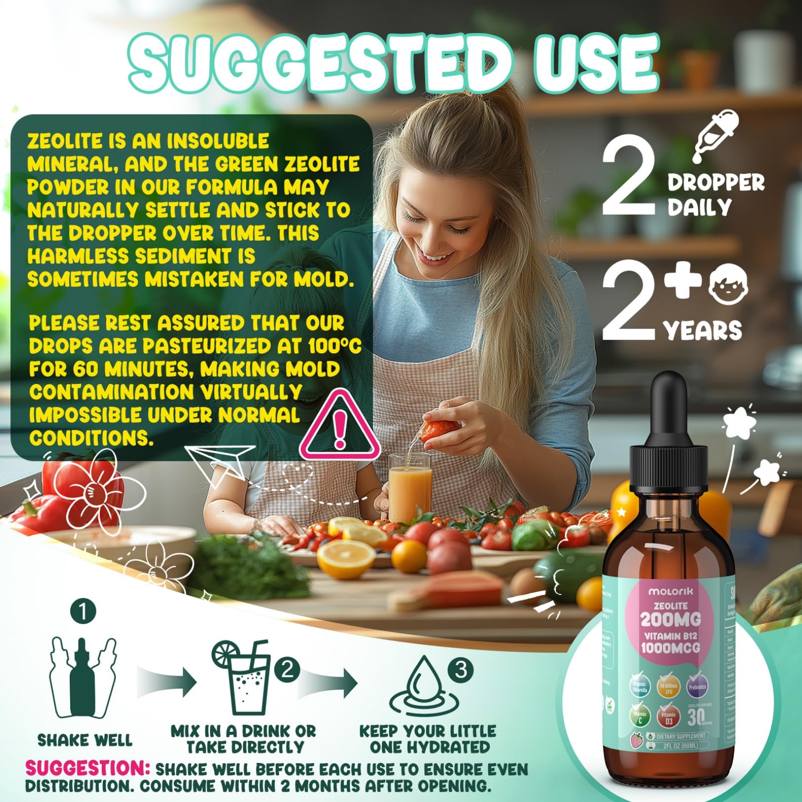 molorik pure Zeolite Liquid Drops showing dosage instructions