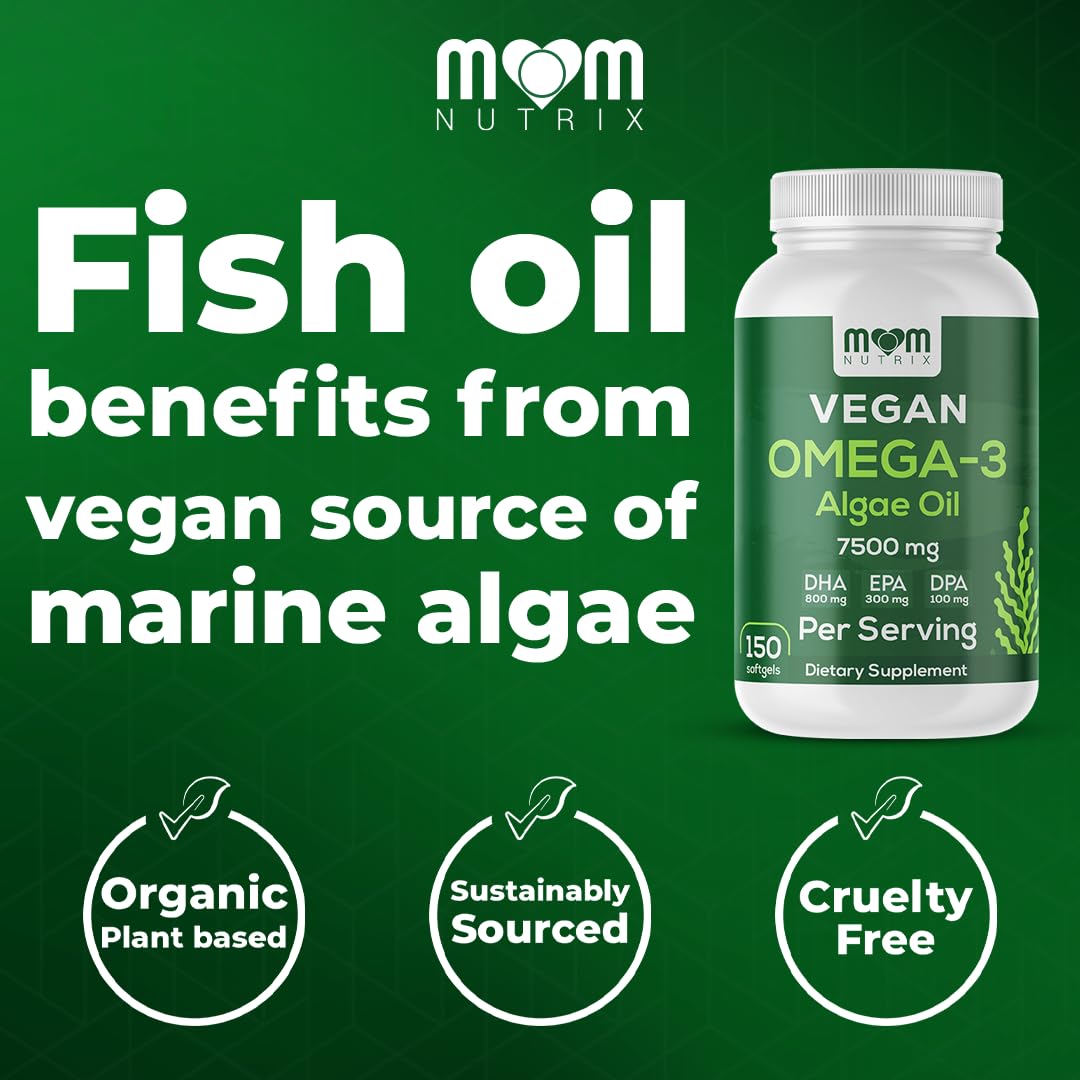 MOM NUTRIX Vegan Omega-3 Algae Oil softgels on a wooden table