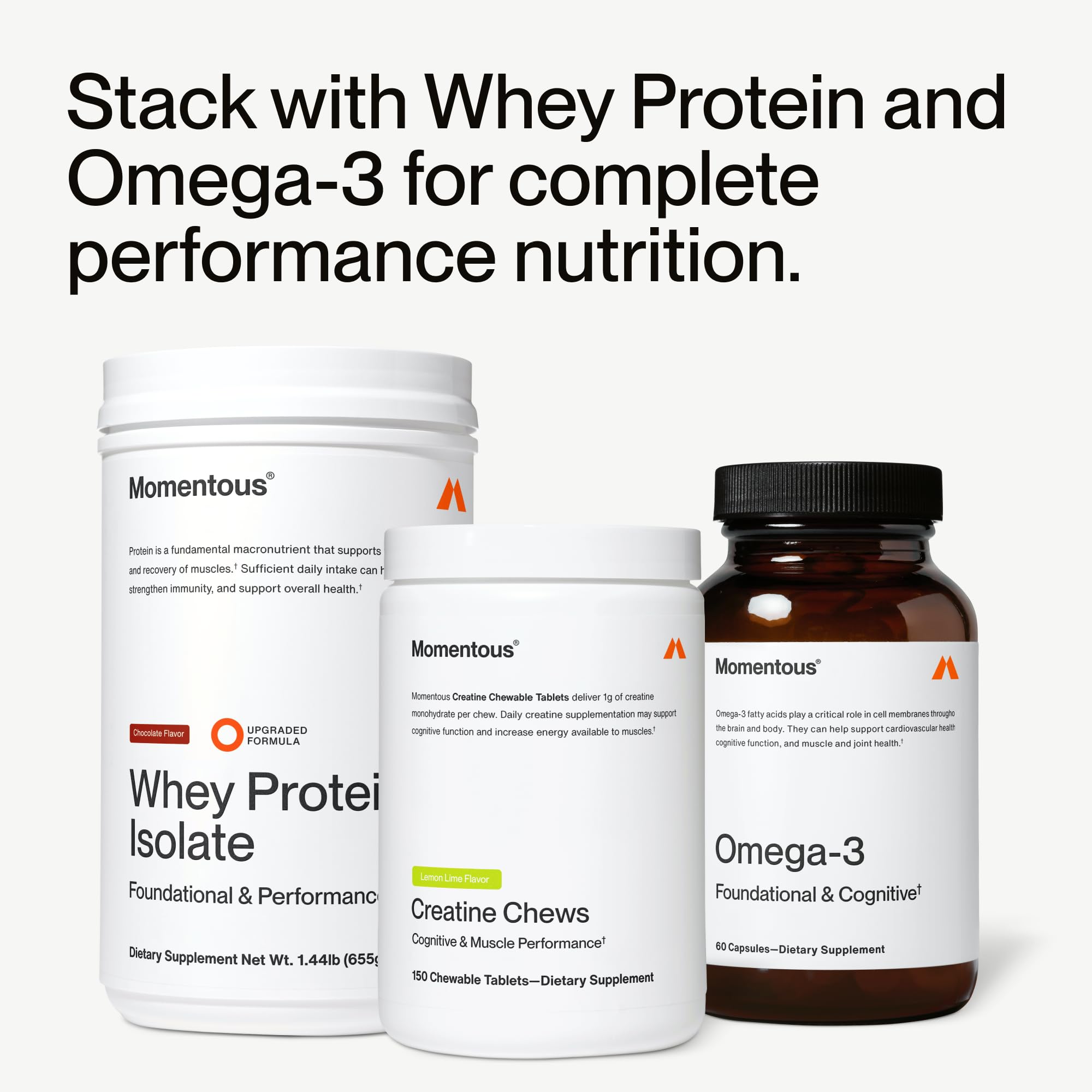 Momentous Chewable Creatine Tablets displayed with workout gear