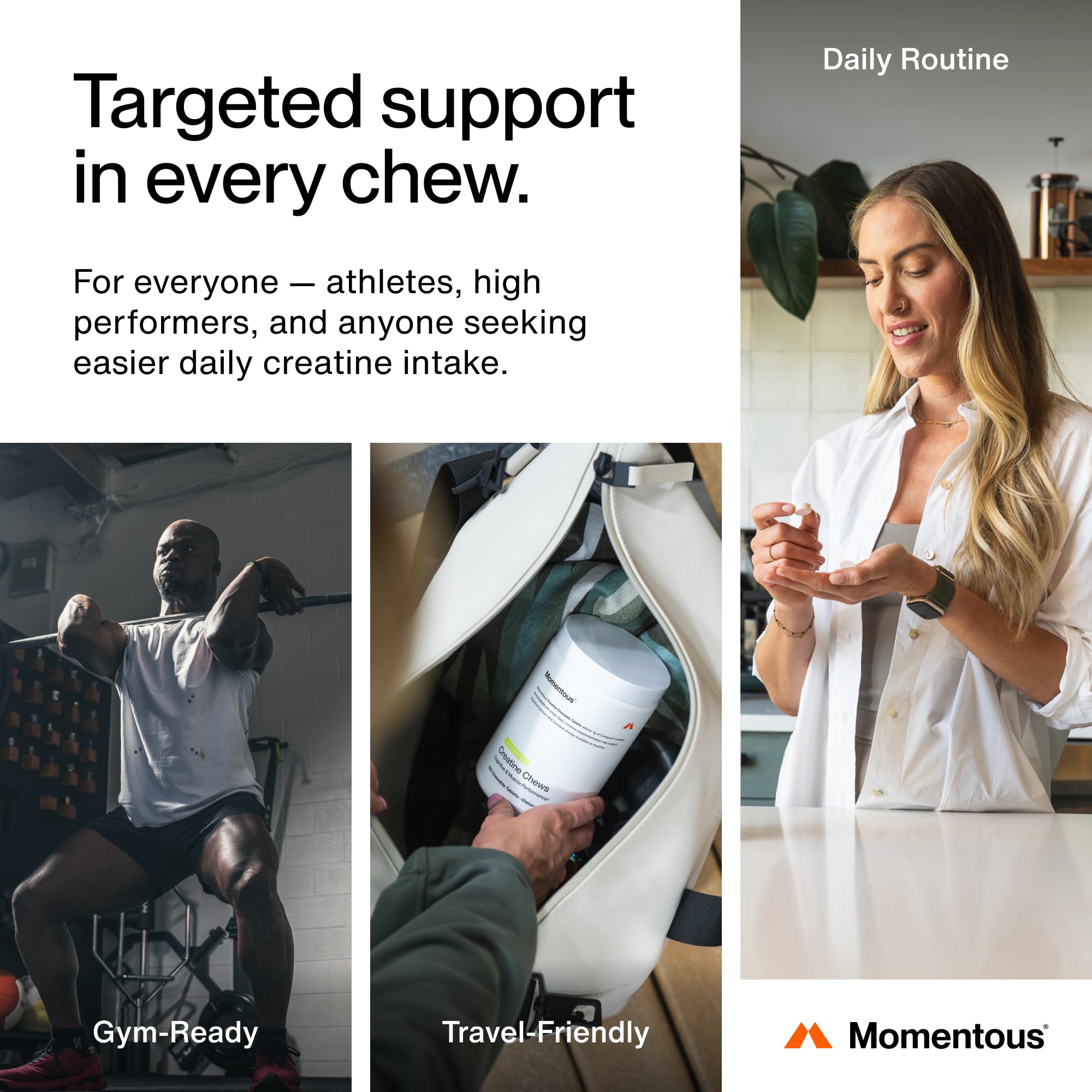 Momentous Chewable Creatine Tablets in hand