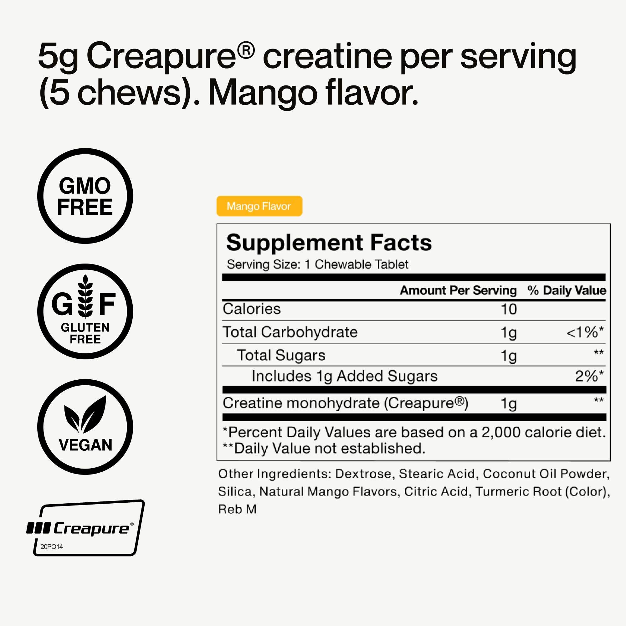 Momentous Creatine Chews mango-flavoured tablets with nutrition guide