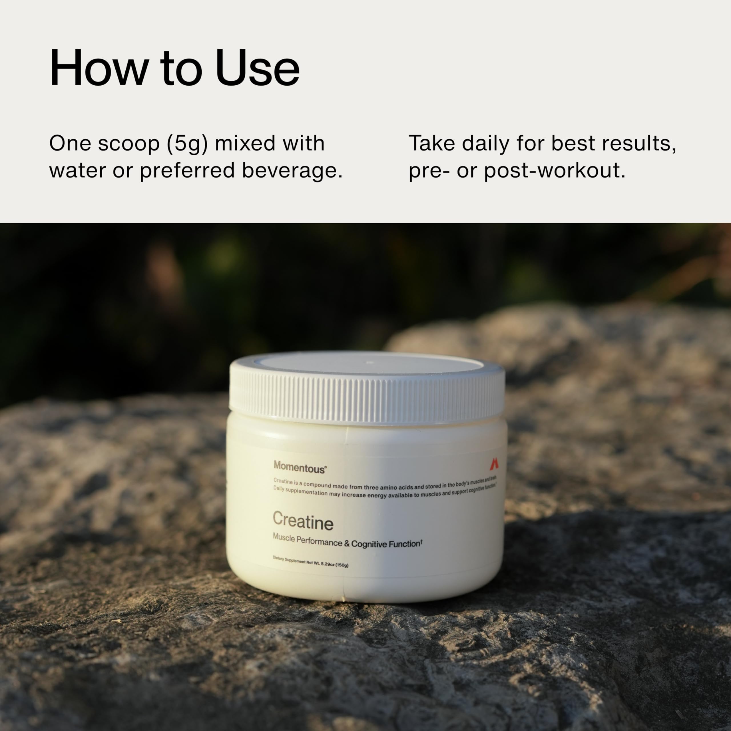 Momentous Creatine Powder 150g in a shaker bottle