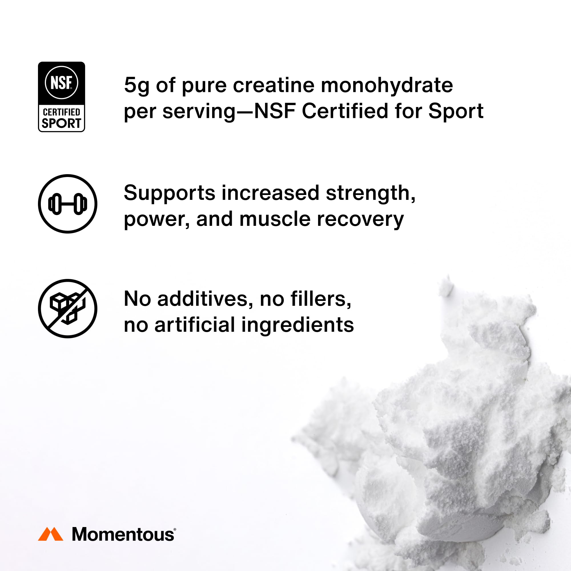 Momentous Creatine Powder 448g side view with scoop