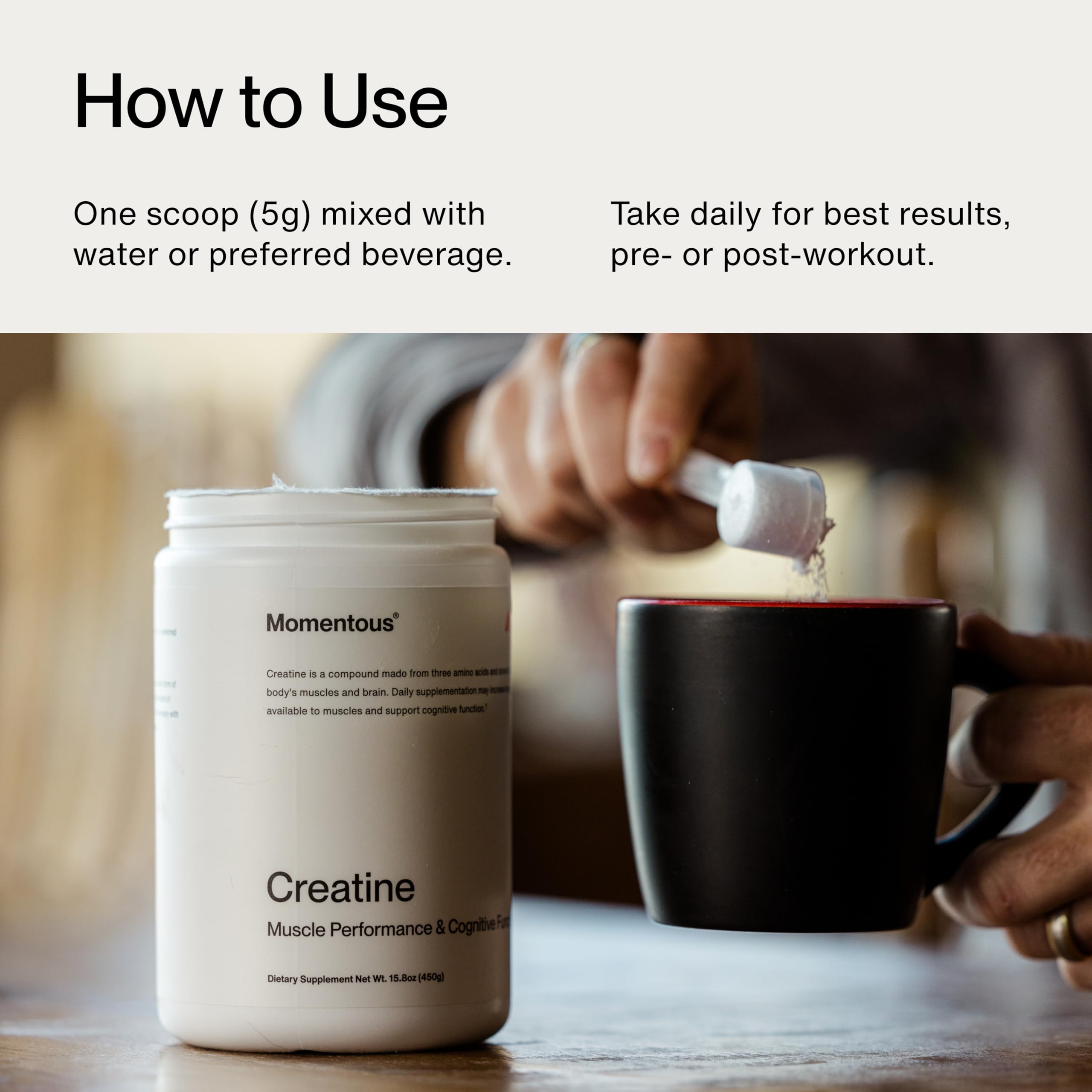 Momentous Creatine Powder 448g unflavoured powder scoop