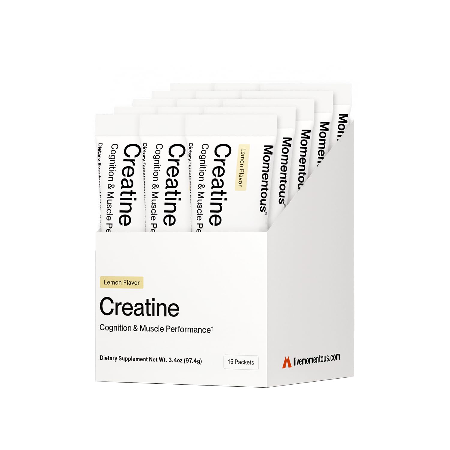 Momentous Lemon Creatine Powder 96g front view with packaging