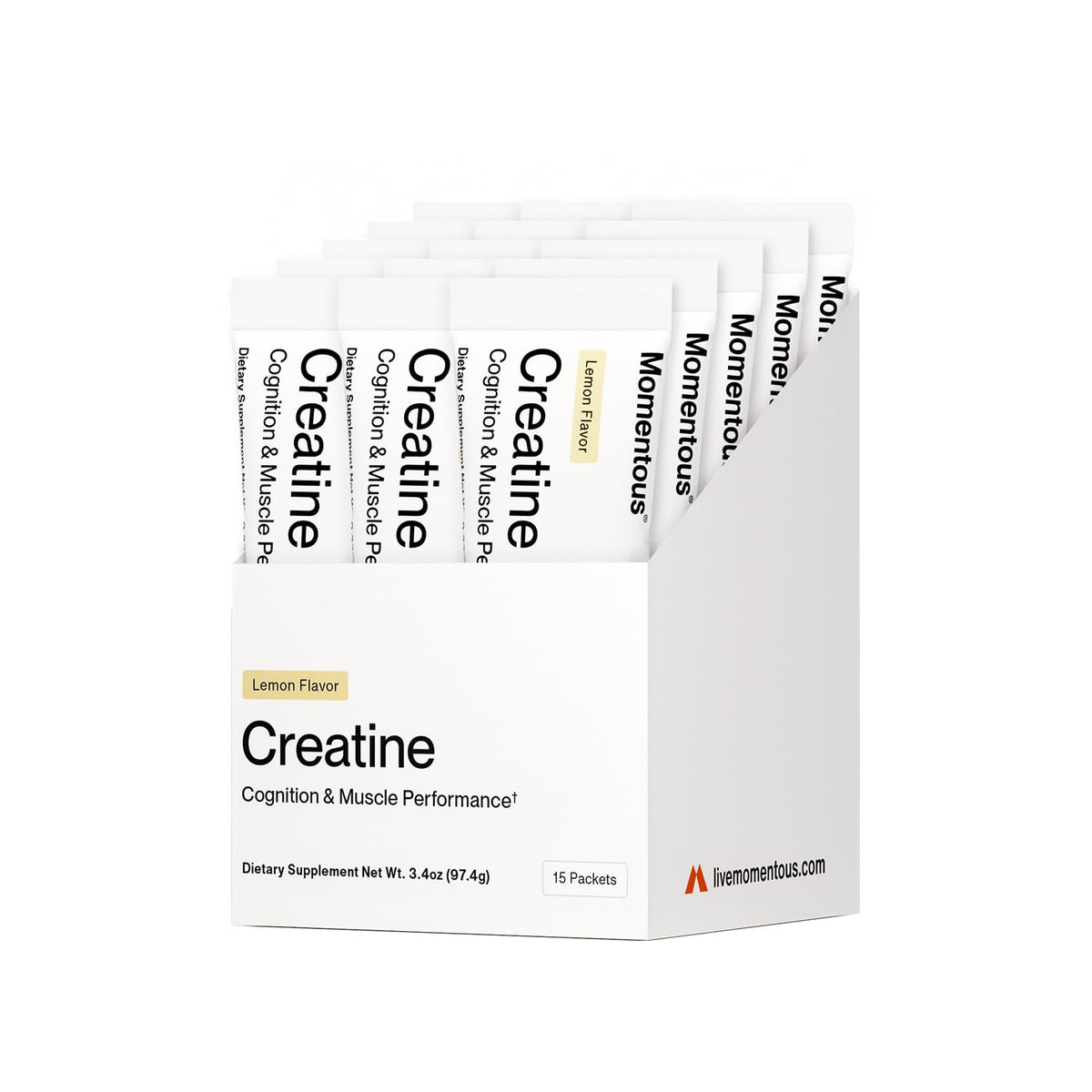 Momentous Lemon Creatine Powder 96g front view with packaging