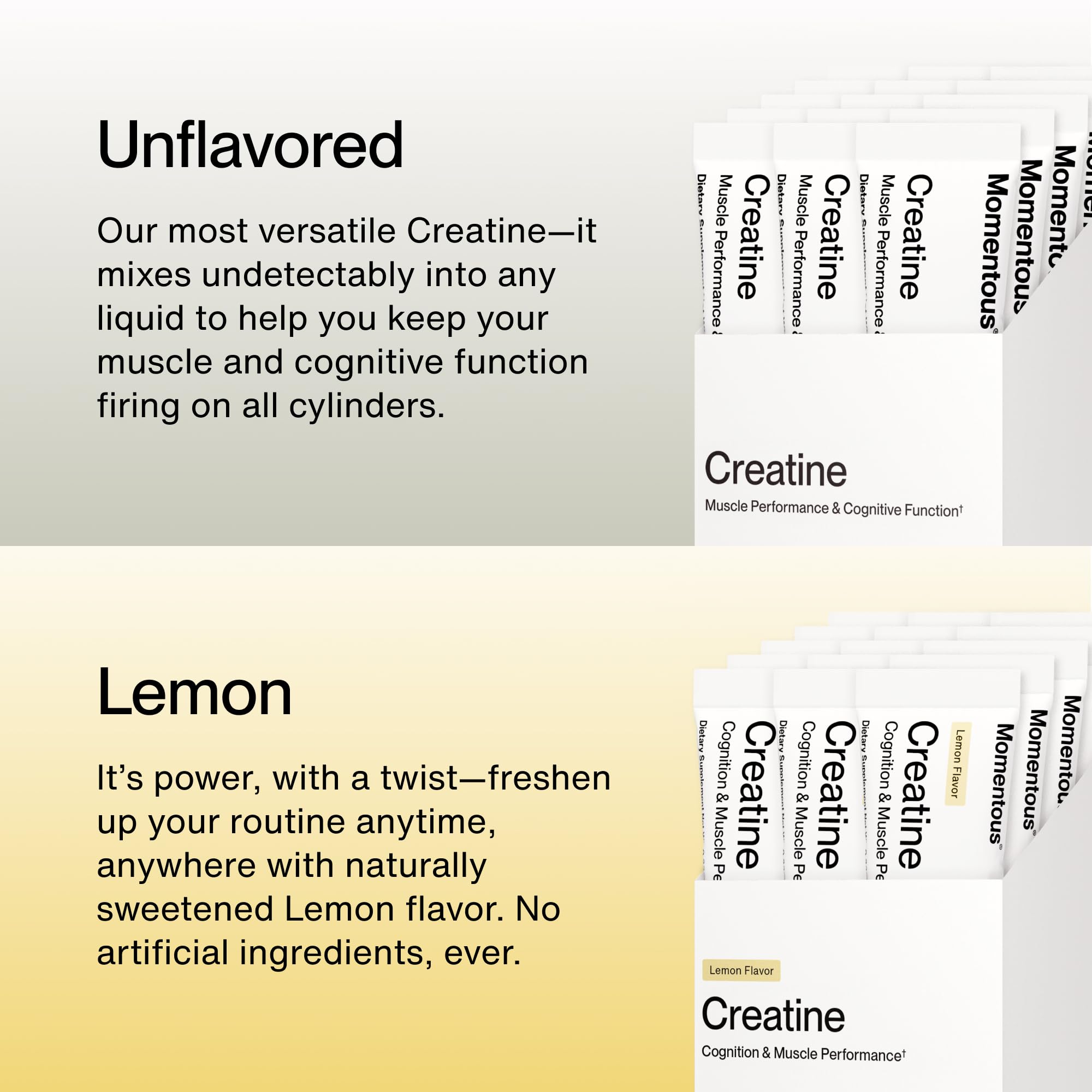 Momentous Lemon Creatine Powder 96g side view of packaging