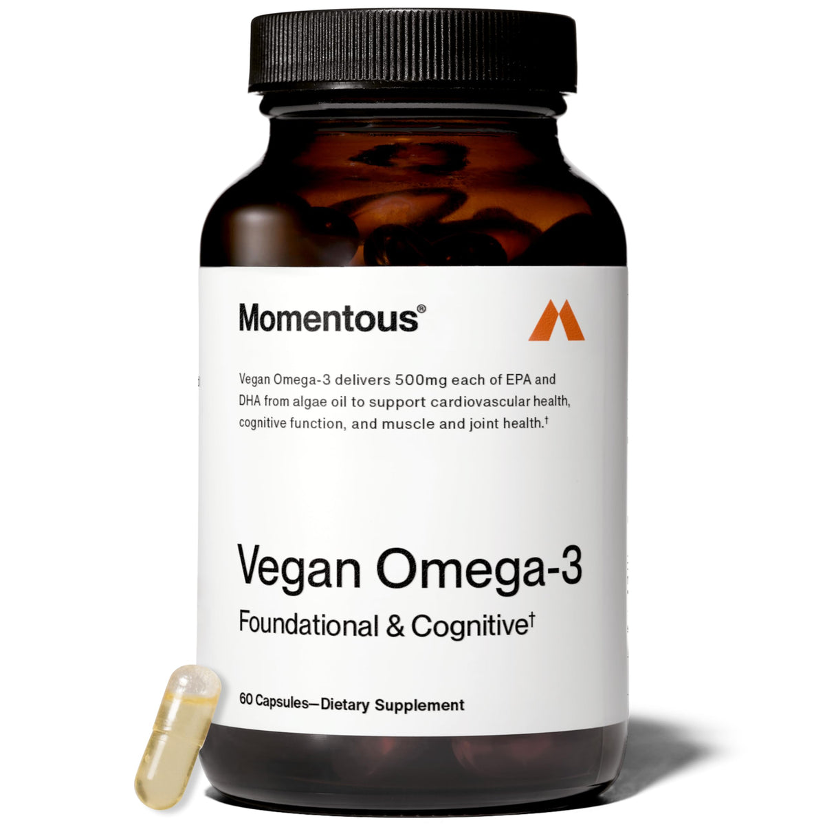 Momentous Vegan Omega-3 500mg EPA DHA supplement front view