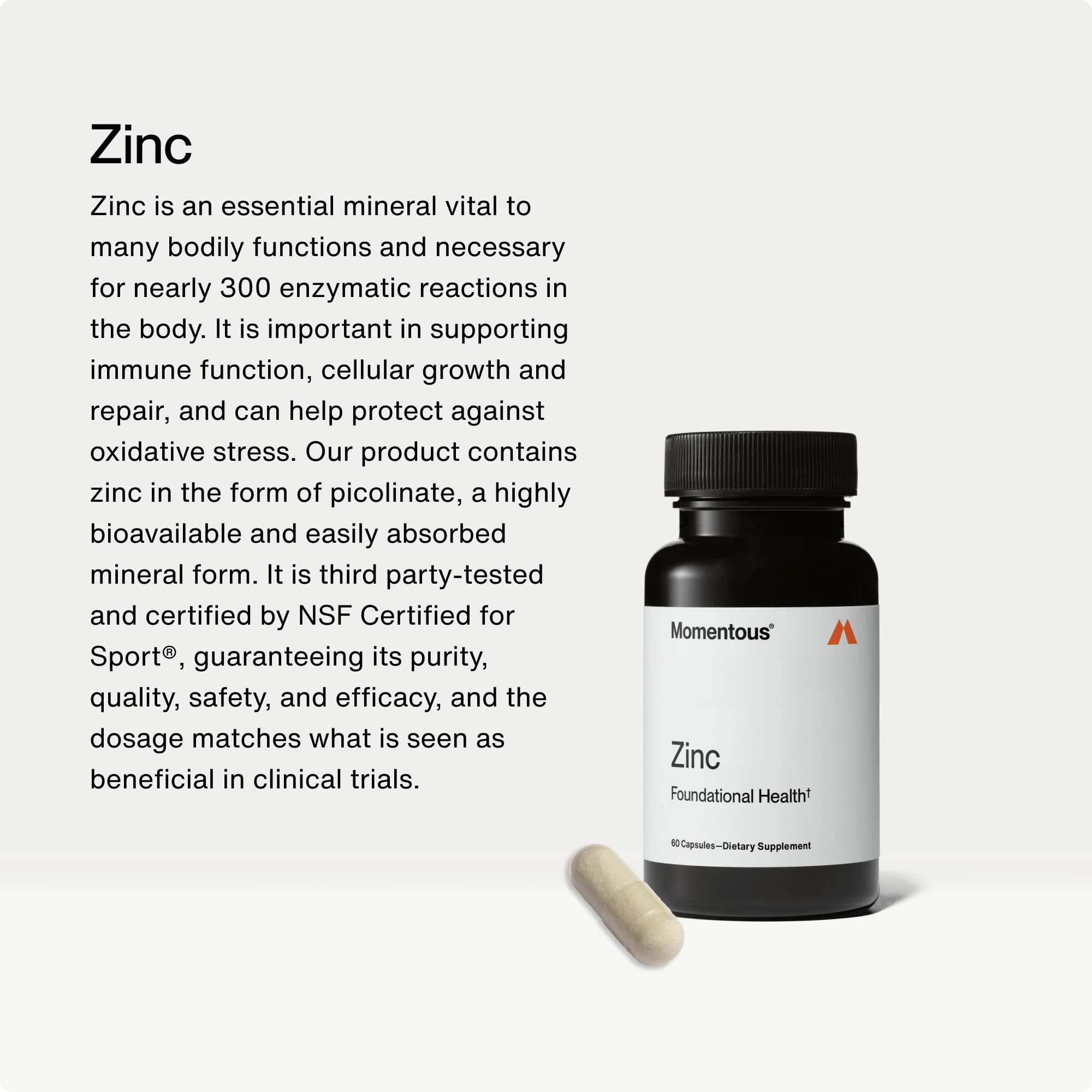 Momentous Zinc Picolinate Supplement 15mg capsule side view