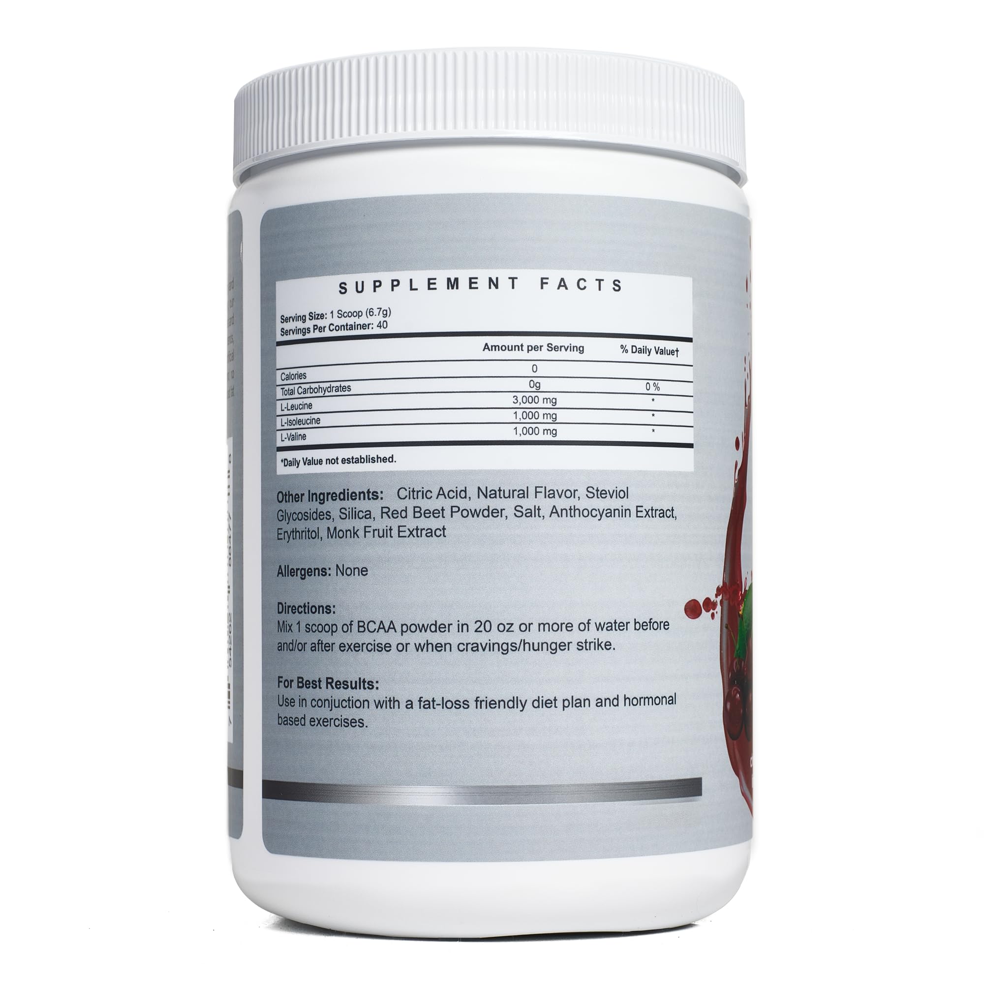 Momsanity BCAA Powder Drink Mix side view with serving scoop