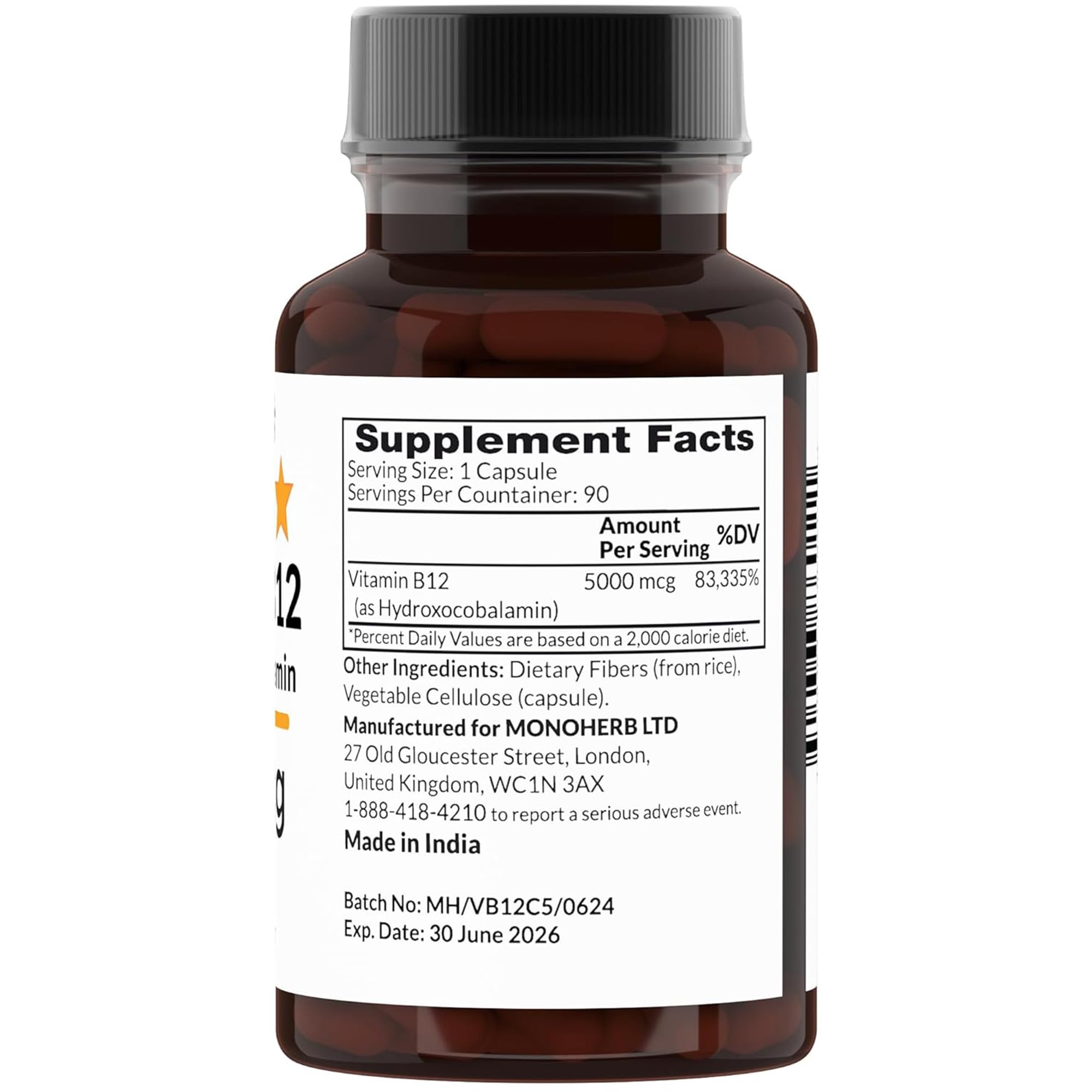MONOHERB Hydroxo B12 capsules close-up showing size
