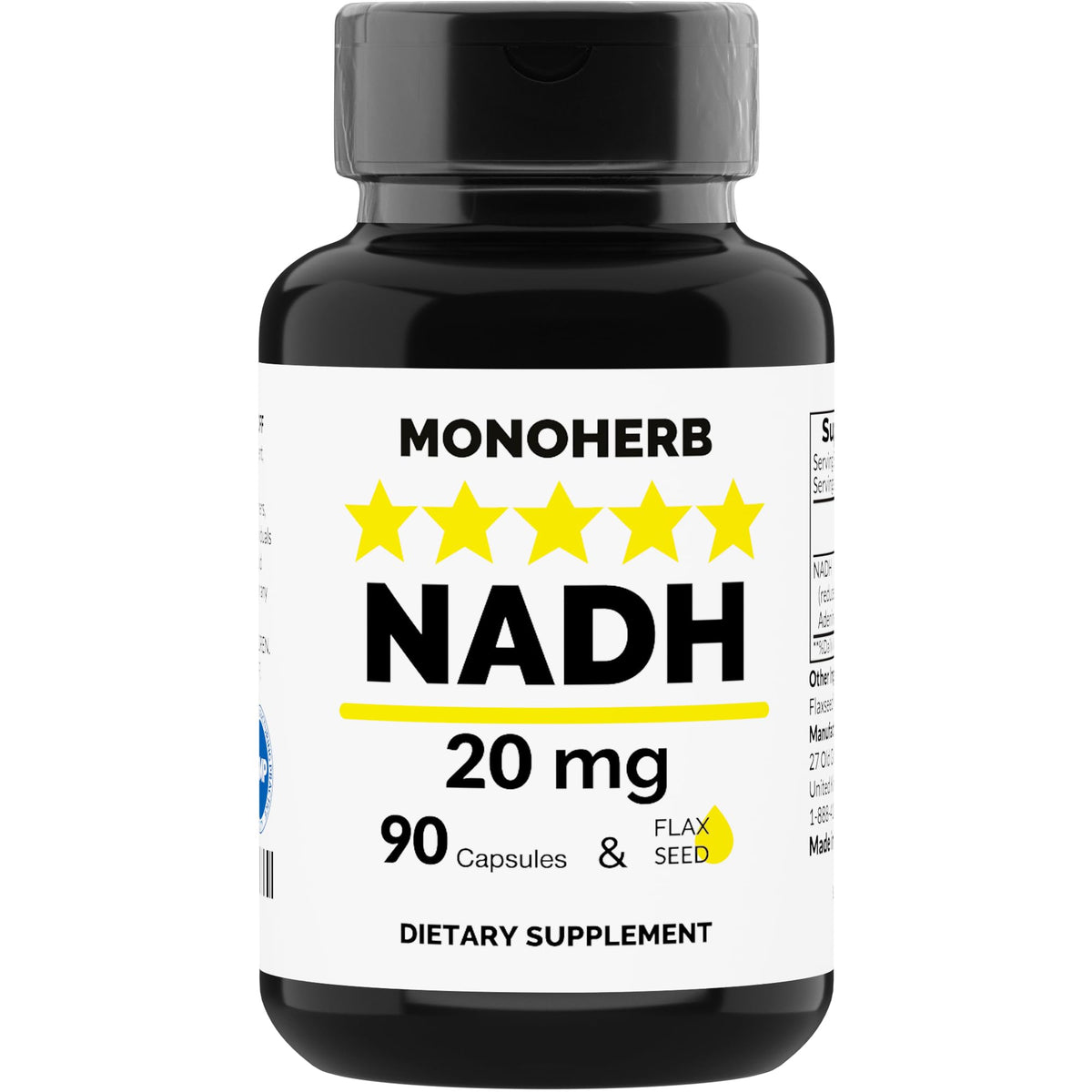MONOHERB NADH Capsules bottle front view with 90 vegan capsules