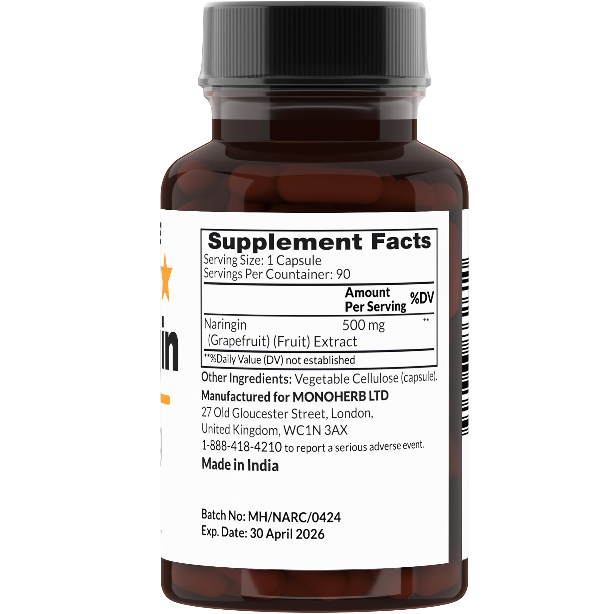 MONOHERB Naringin 500 mg Veg Capsules side view