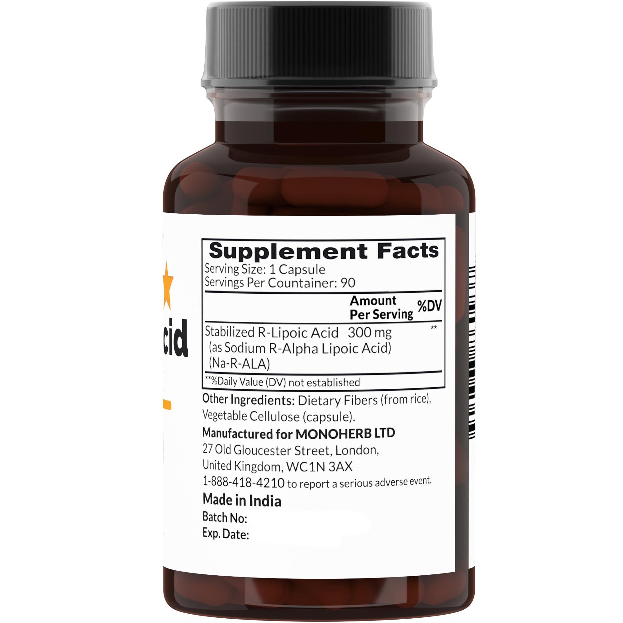 MONOHERB R-Alpha-Lipoic Acid 300mg vegan capsules side view