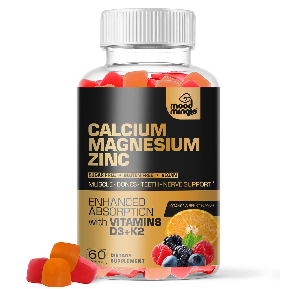 Mood Mingle Calcium Magnesium Zinc Gummies front view with packaging