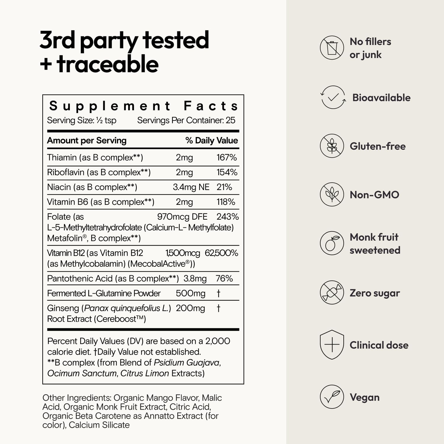 Moon Juice B-Complex Powder 48g back view with nutritional information