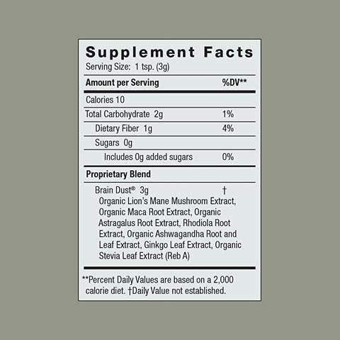 Moon Juice Brain Dust 168g side view with ingredients
