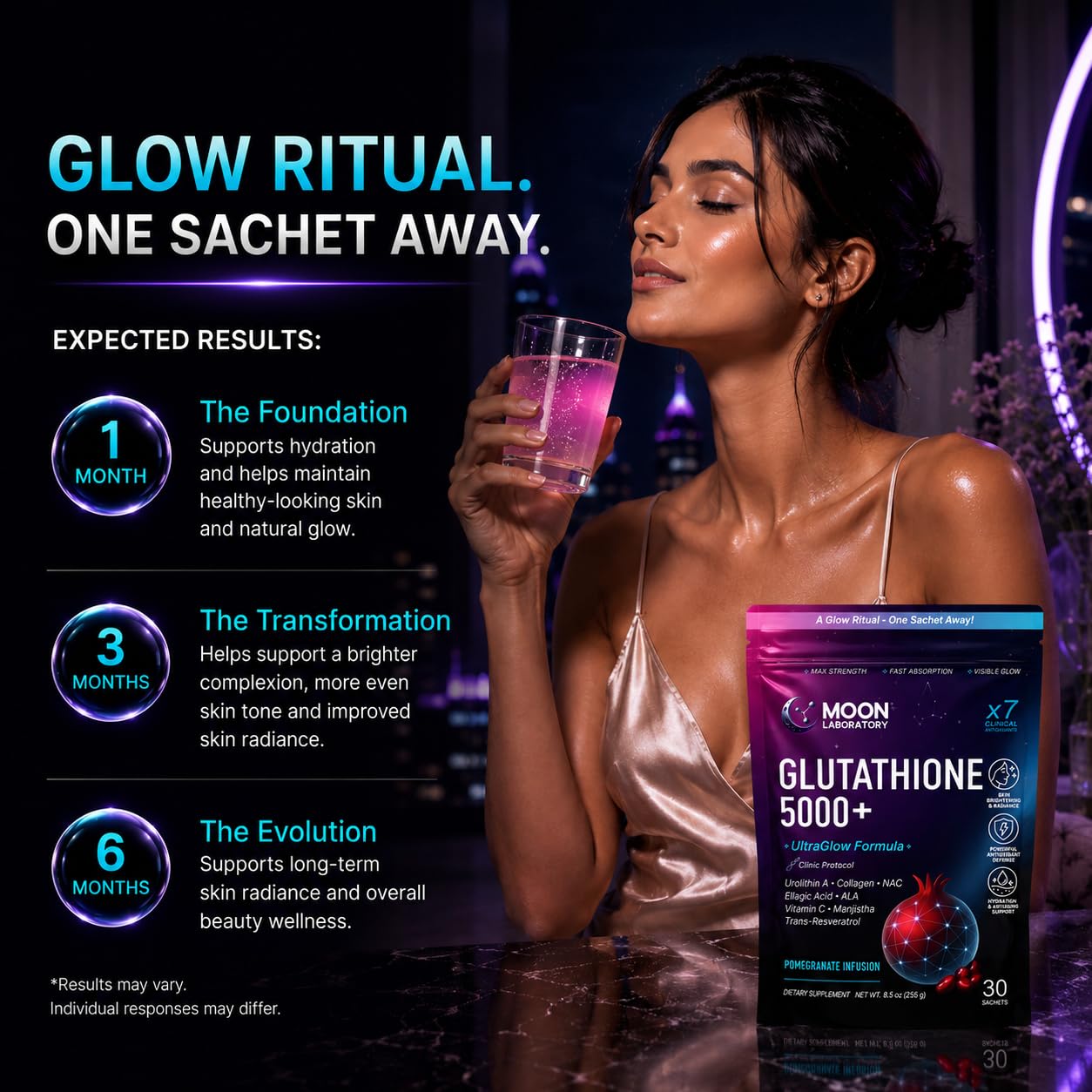Moon Laboratory Glutathione 5000mg Powder Drink sachets with measuring spoon