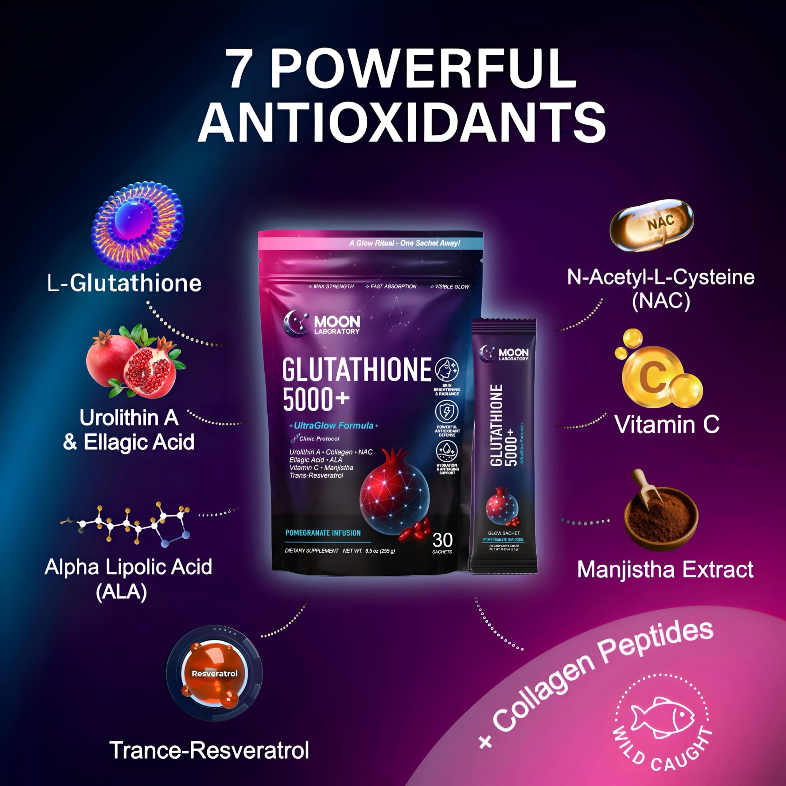 Moon Laboratory Glutathione 5000mg Powder Drink sachets with pomegranate infusion