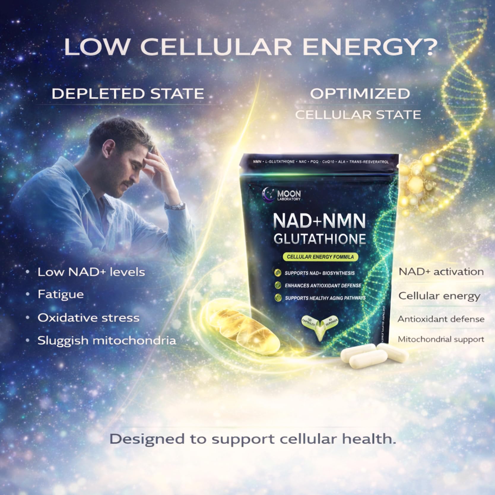 Moon Laboratory NAD+ Support Supplement bottle side view
