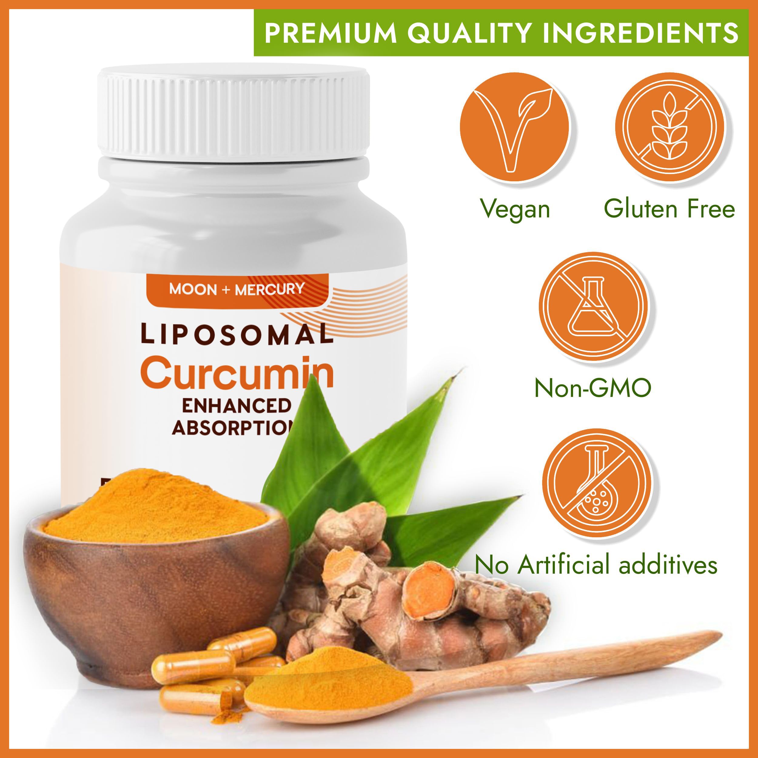 Moon + Mercury Turmeric Curcumin Capsules 500mg on a wooden table