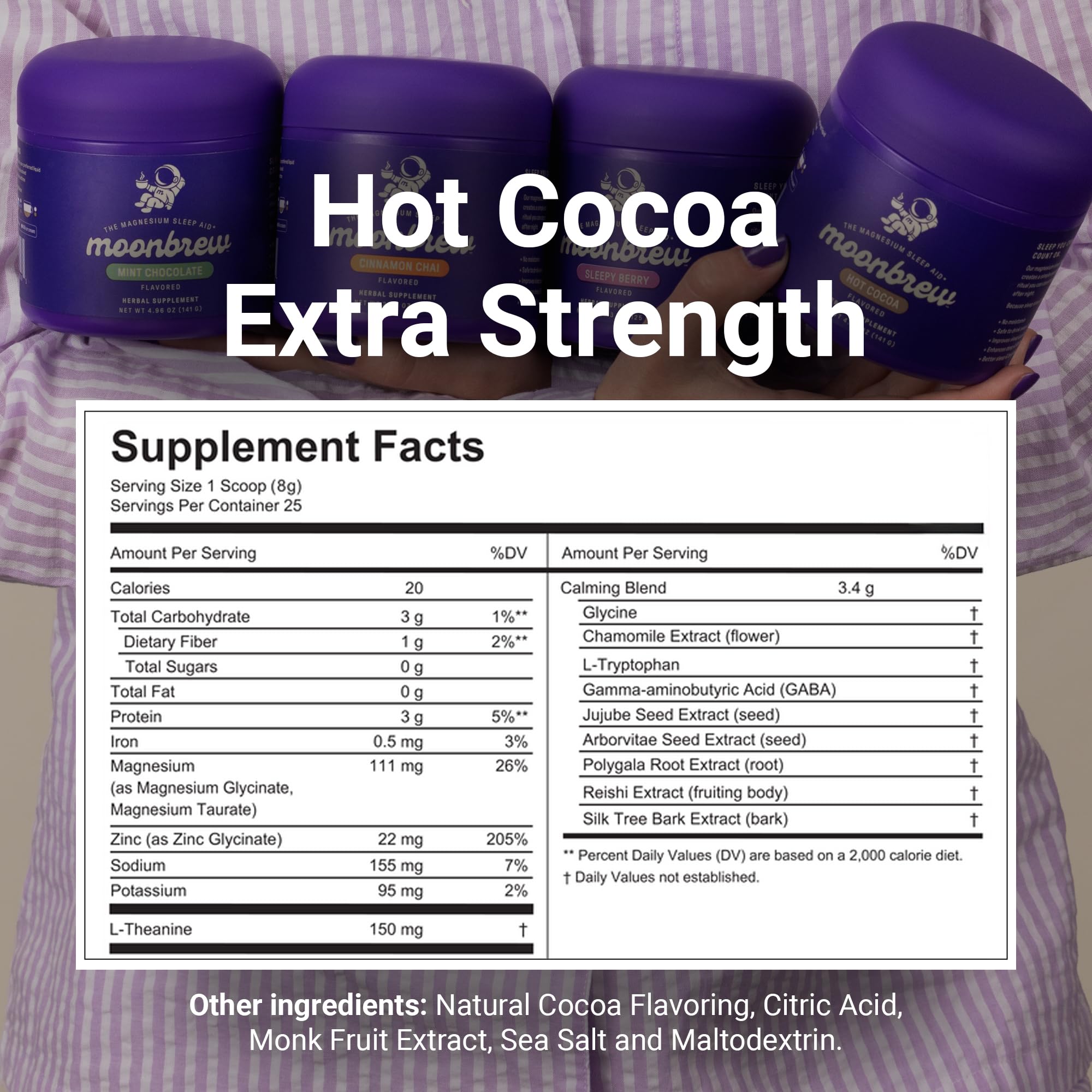 MoonBrew Magnesium Hot Cocoa Extra-Strength jar with a scoop