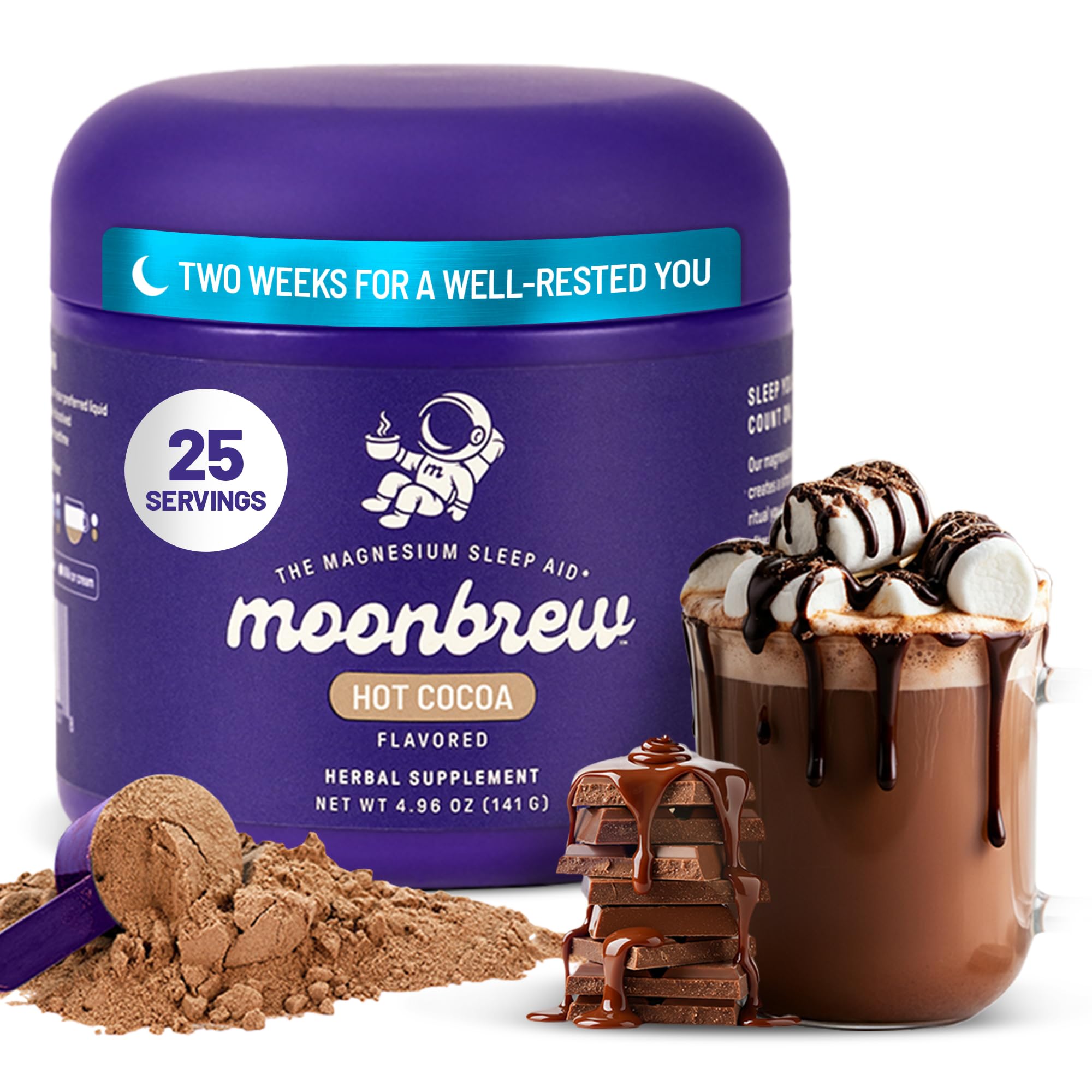 MoonBrew Magnesium Hot Cocoa jar front view with 25 servings