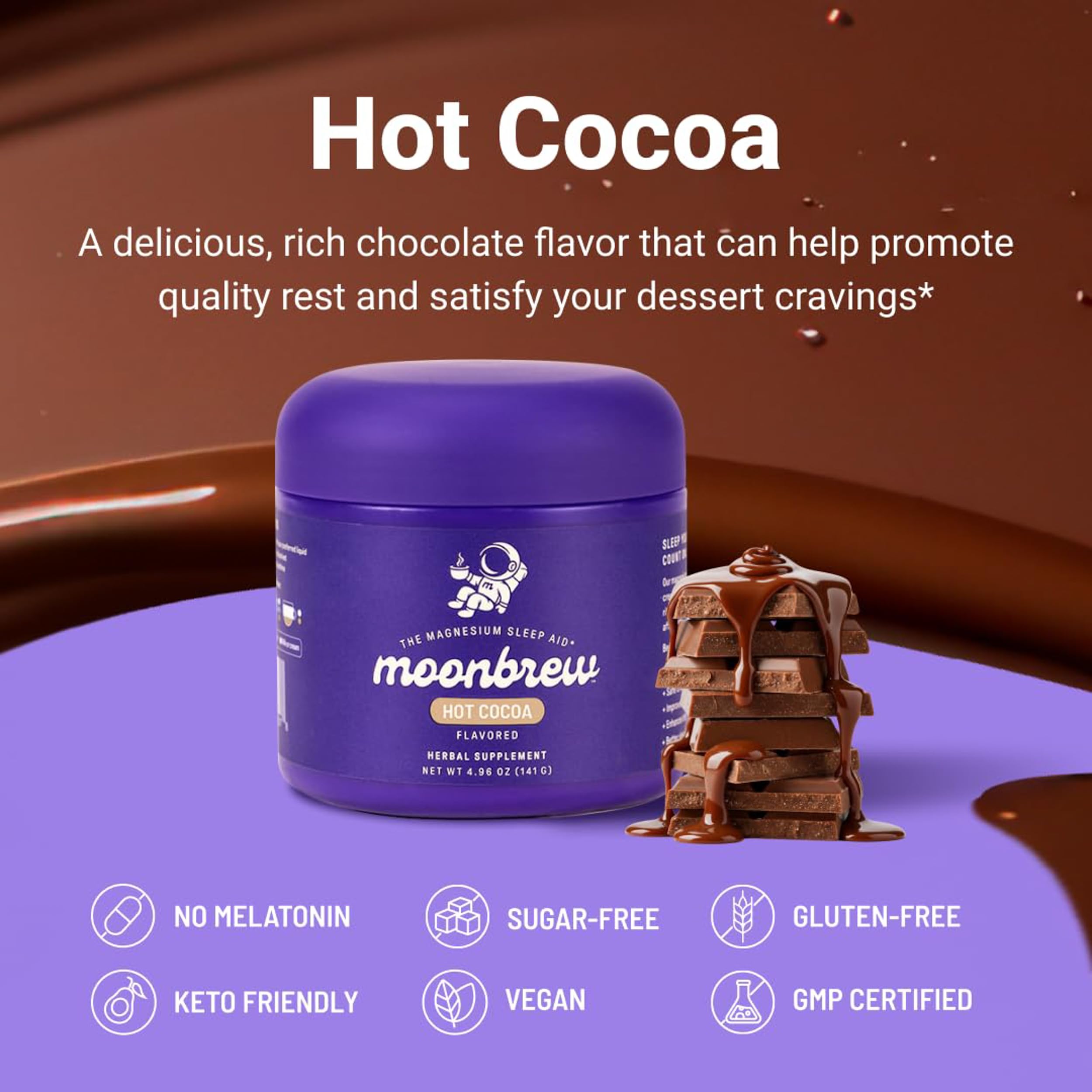 MoonBrew Magnesium Hot Cocoa mixed in a cup with hot water