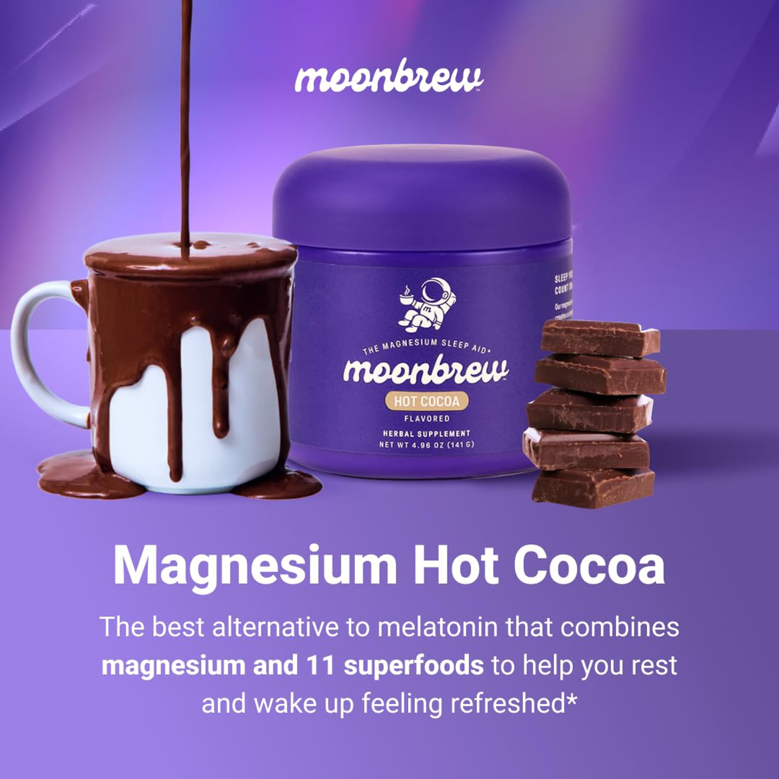 MoonBrew Magnesium Hot Cocoa powder in a scoop next to the jar