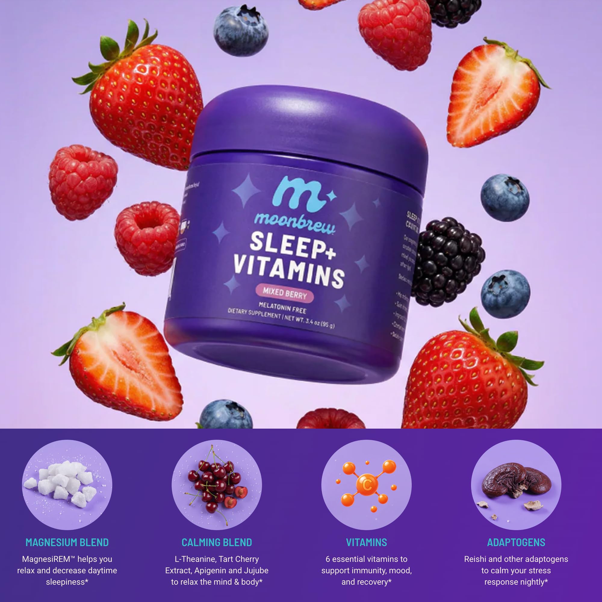 MoonBrew Mixed Berry Sleep Drink Powder in a glass