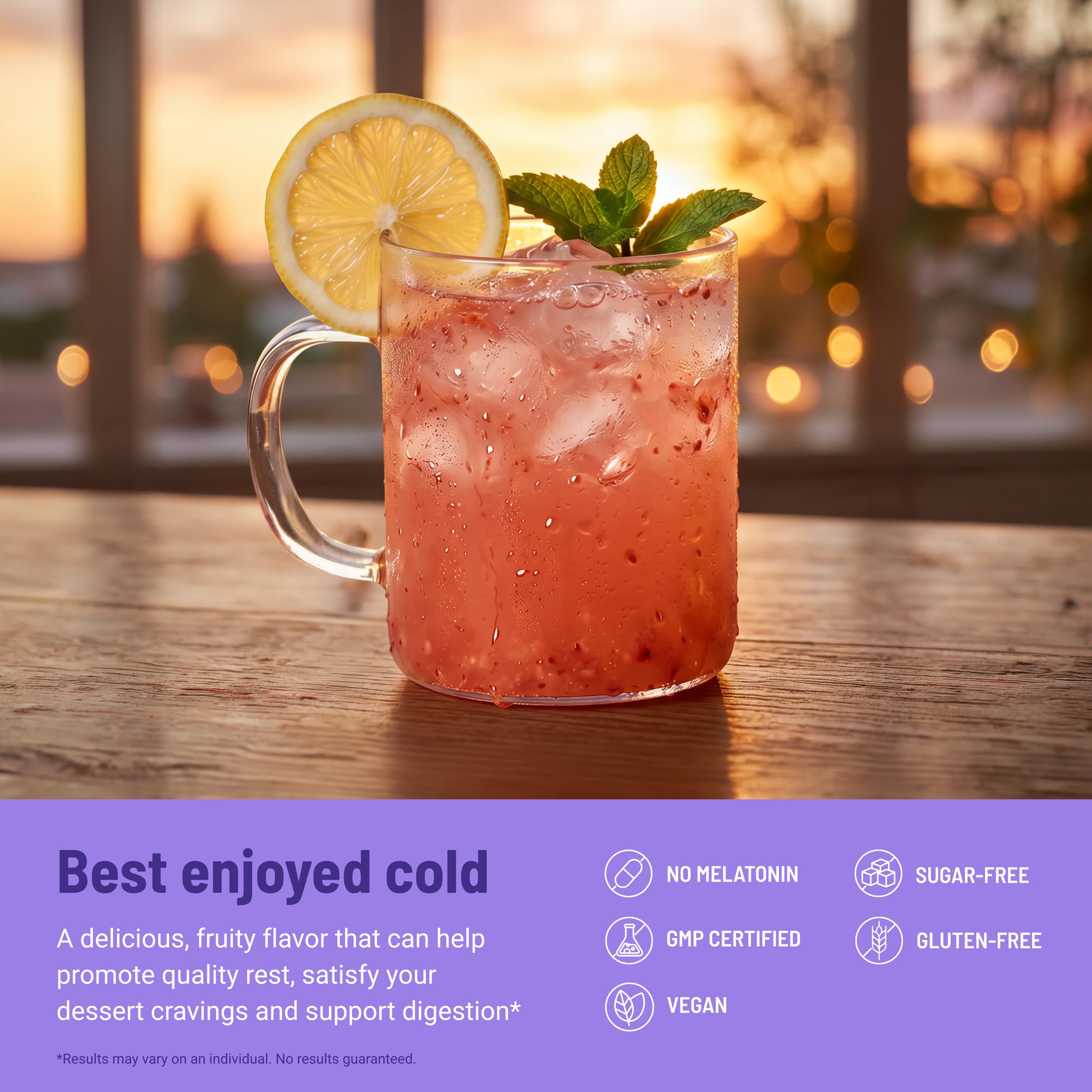 MoonBrew Strawberry Lemonade Sleep + Fiber Mix on a wooden table