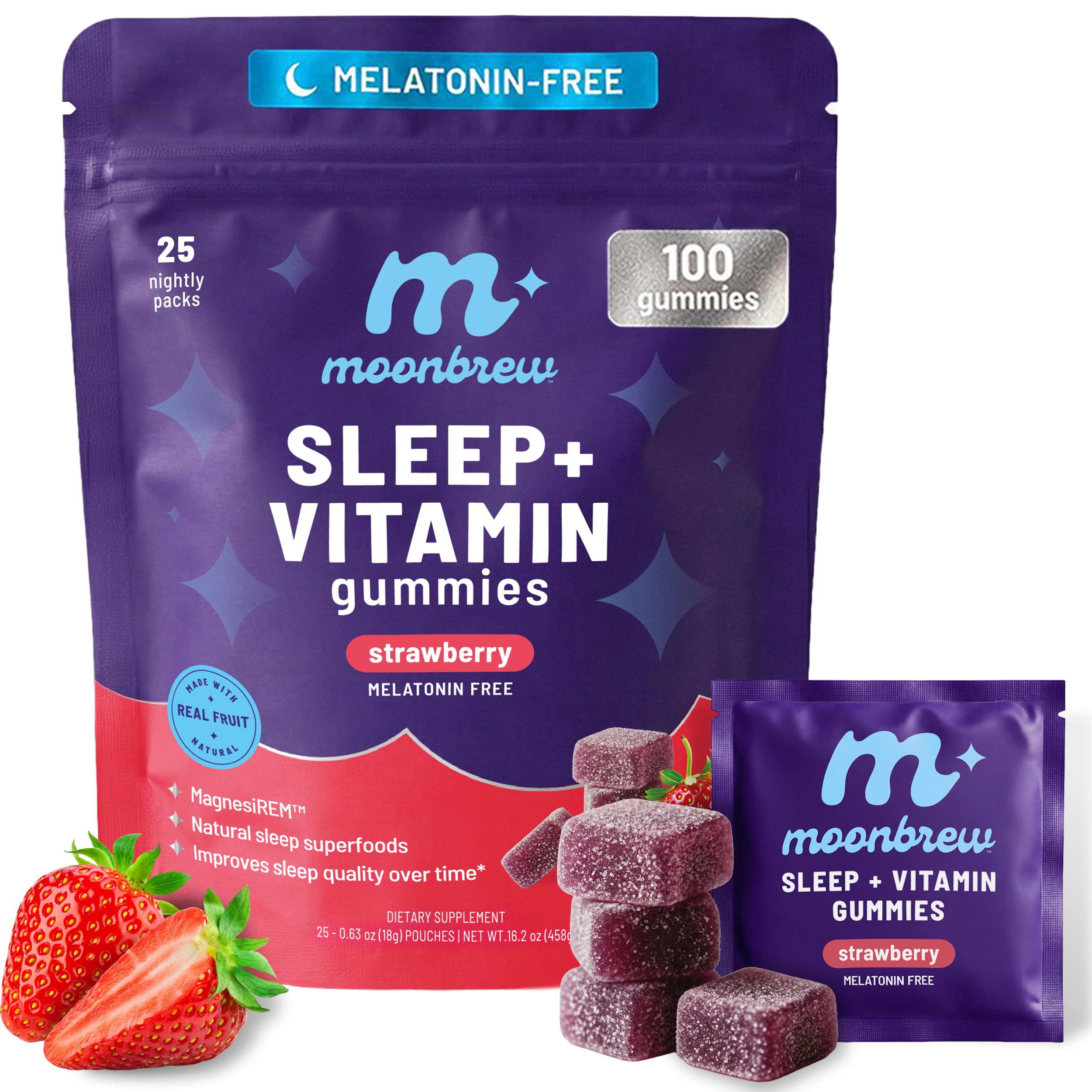 MoonBrew Strawberry Sleep Gummies front view, 25-Pack