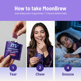 MoonBrew Strawberry Sleep Gummies in a bowl with fruits