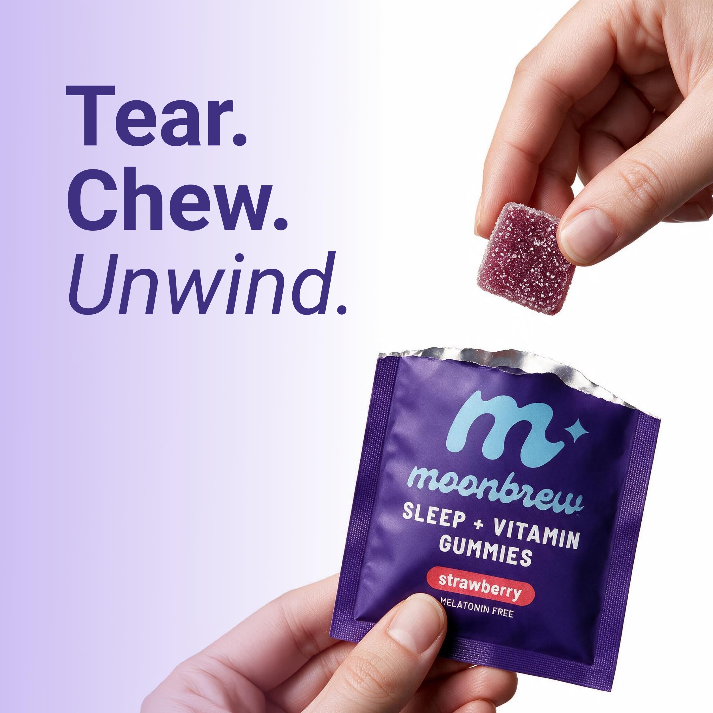MoonBrew Strawberry Sleep Gummies with a glass of water