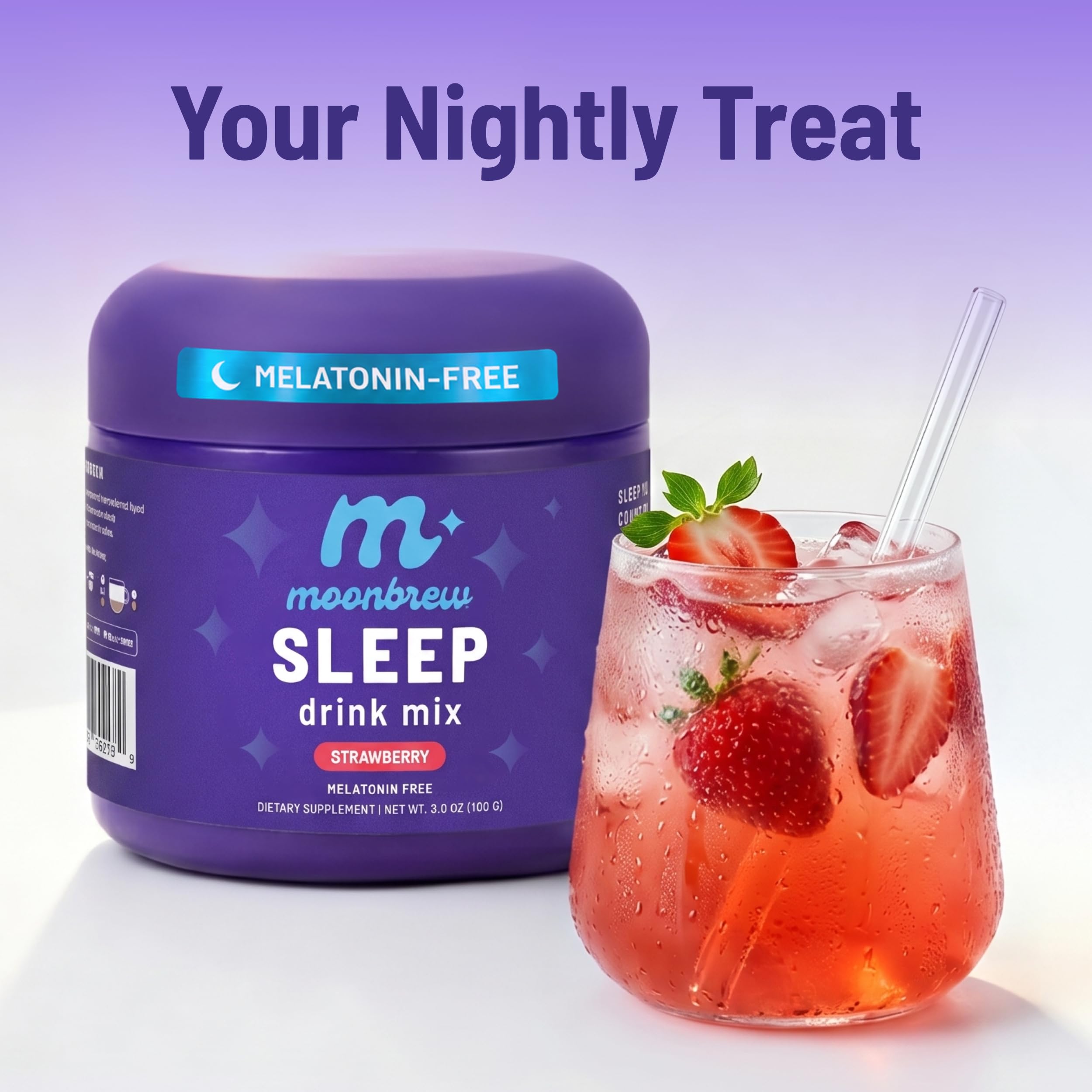 MoonBrew Strawberry Sleep Mix scoop beside water