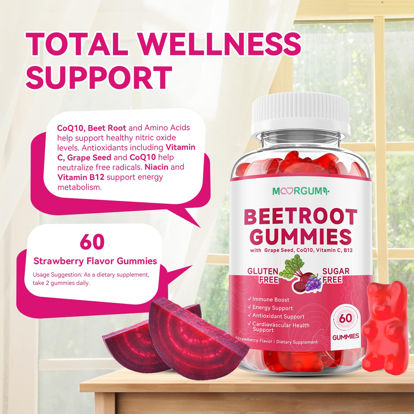 MOORGUMY Grape Seed Extract supplement lifestyle shot with fresh grapes